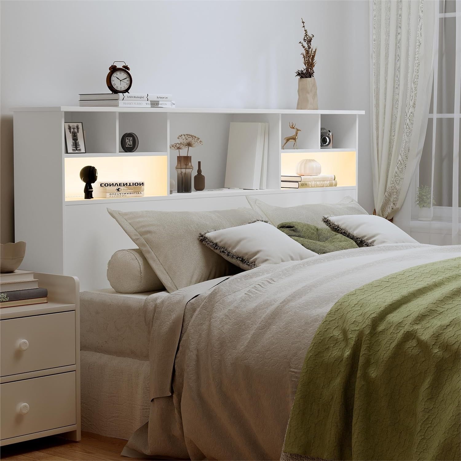 Stylish Wood Bookcase Headboard with Charging Station and Lights