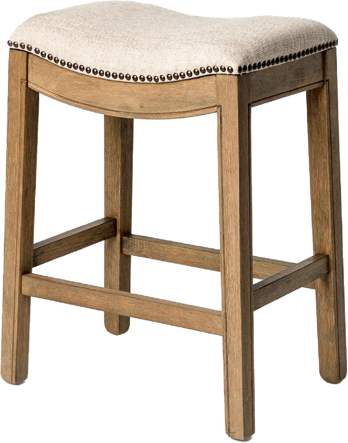 Adrien 26&quot; Wood Counter Height Stool - Handcrafted Natural Wood Finish with Wheat Fabric Upholstered Saddle Seat for Comfort - Durable Barstool for Kitchen Islands, Dining Rooms