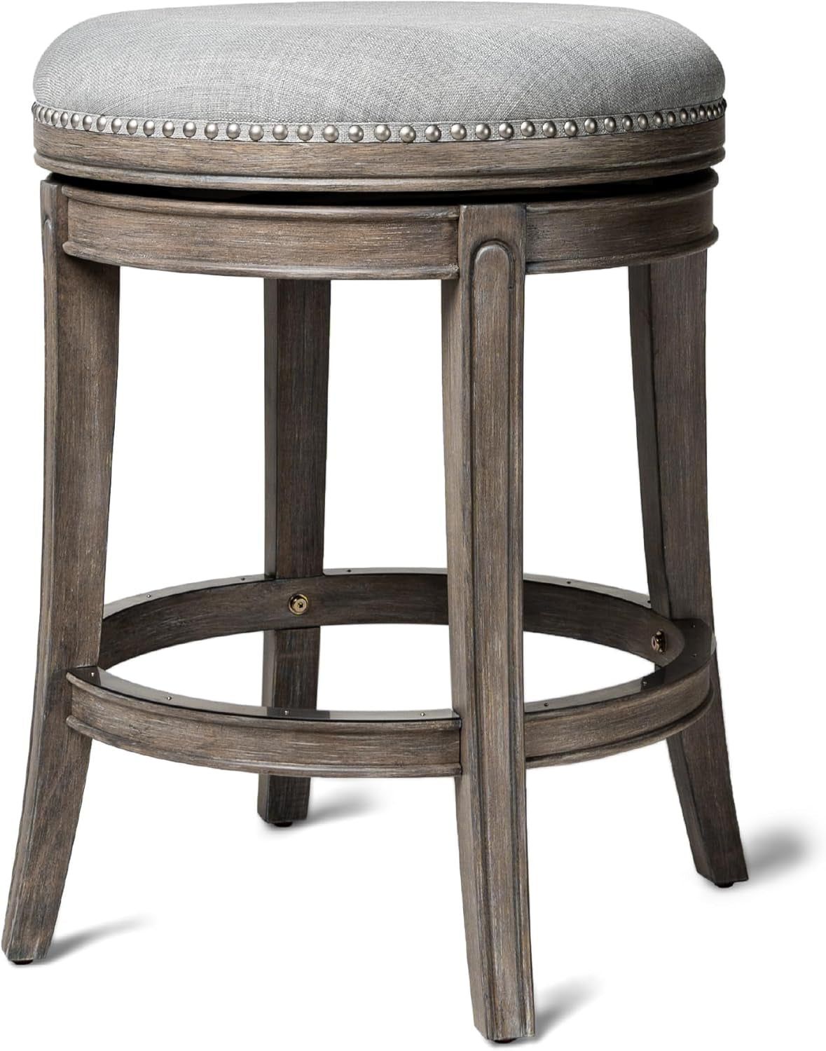 Alexander 26 Inch Tall Counter Height Rotating Backless Barstool in Reclaimed Oak Finish with Ash Grey Fabric Upholstered Seat