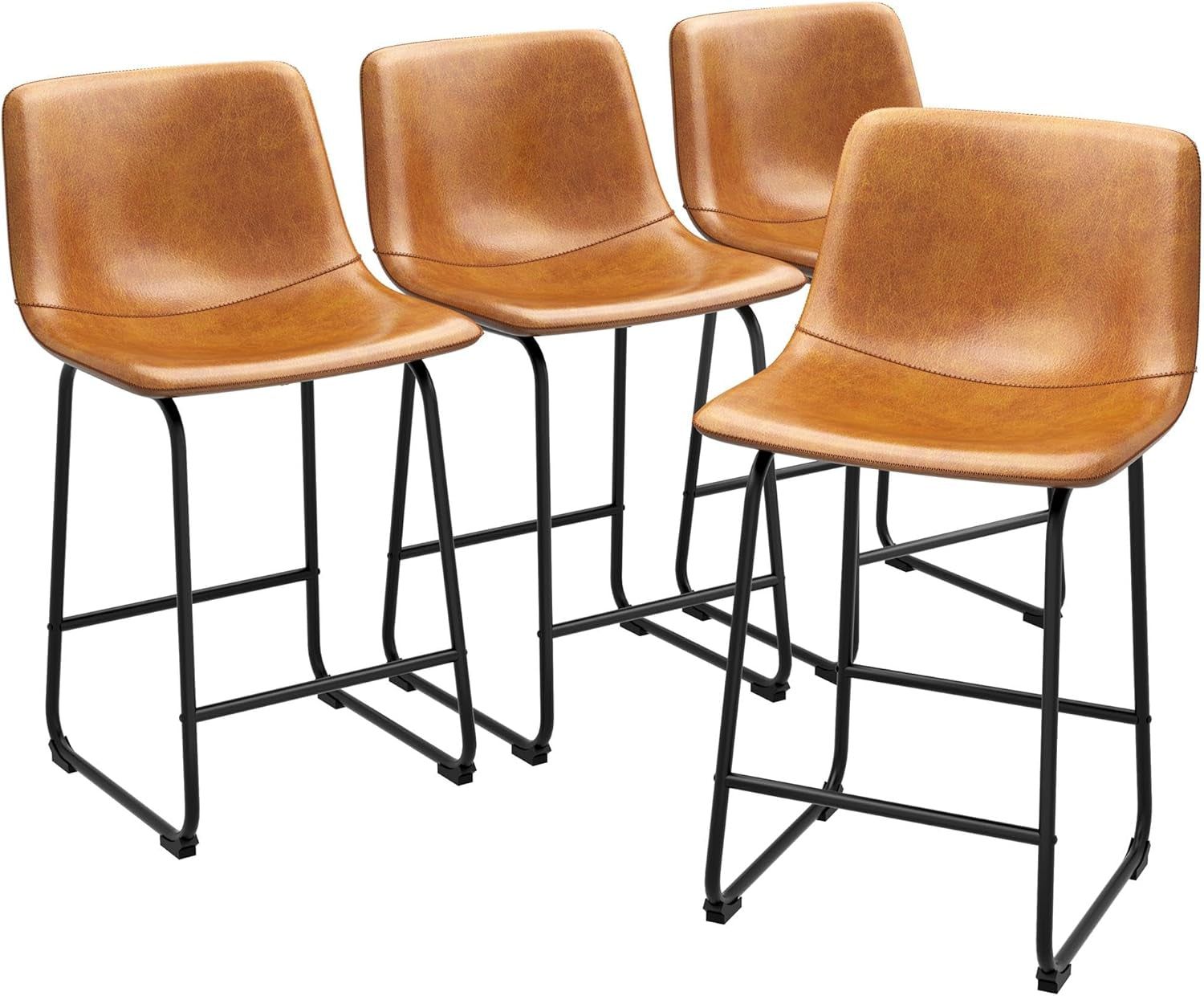Bar Stools Set of 4, PU Leather Counter Height Bar Stools, 26&quot; Modern Barstools with Metal Legs and Footrest, Urban Armless Dining Chairs with Backrest for Kitchen Island (Brown)
