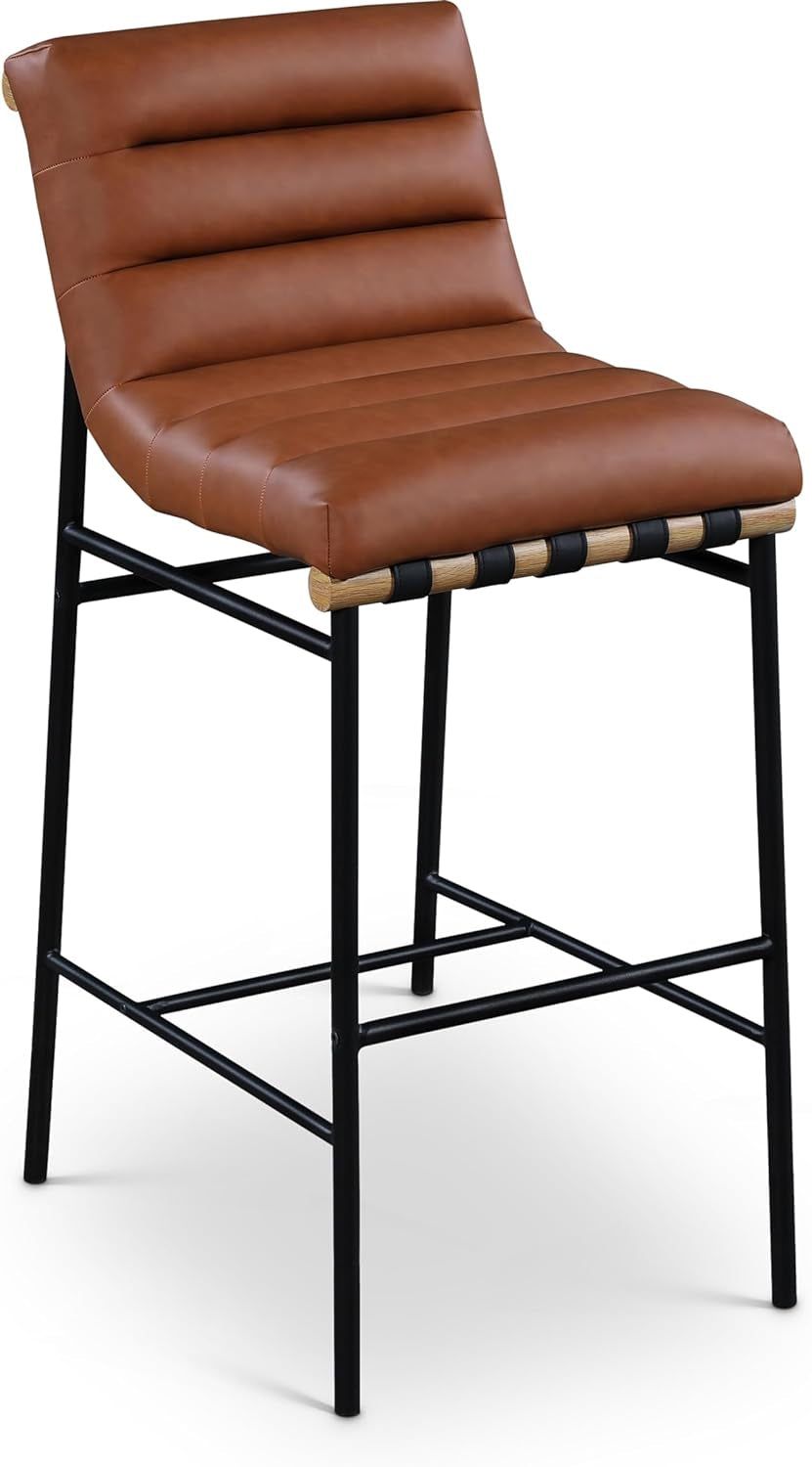 846Cognac-C Burke Collection Modern | Contemporary Bar Stool with Soft Cognac Vegan Leather, Matte Black Metal Frame, White Oak Veneer Metal Dowel, 18&quot; W X 24&quot; D X 40.5&quot; H, Cognac