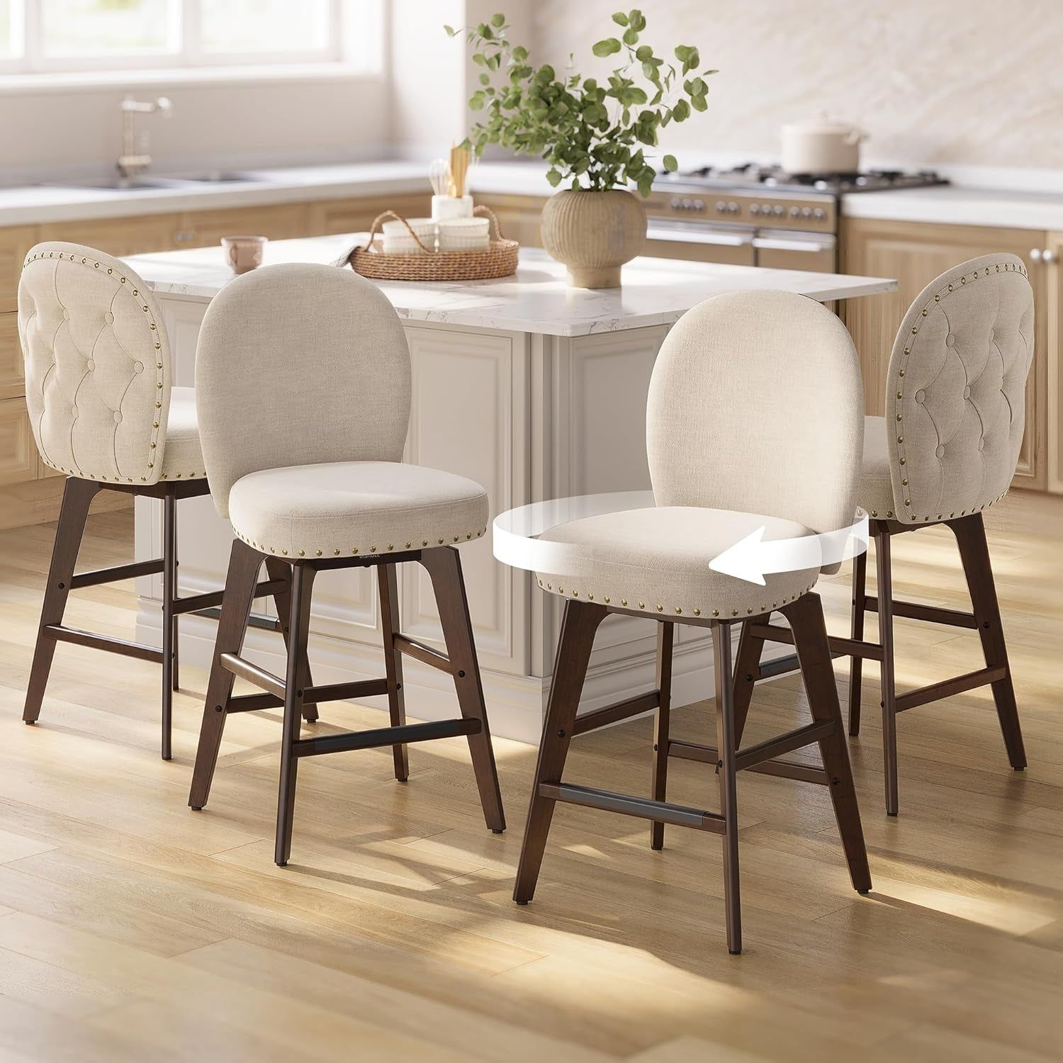 Bar Stools Set of 4, Swivel Counter Height Bar Stools with Back and Wood Legs, Chenille Fabric Upholstered Barstools, 26.2-Inch Tall Counter Barstools for Kitchen Island, Cappuccino Beige