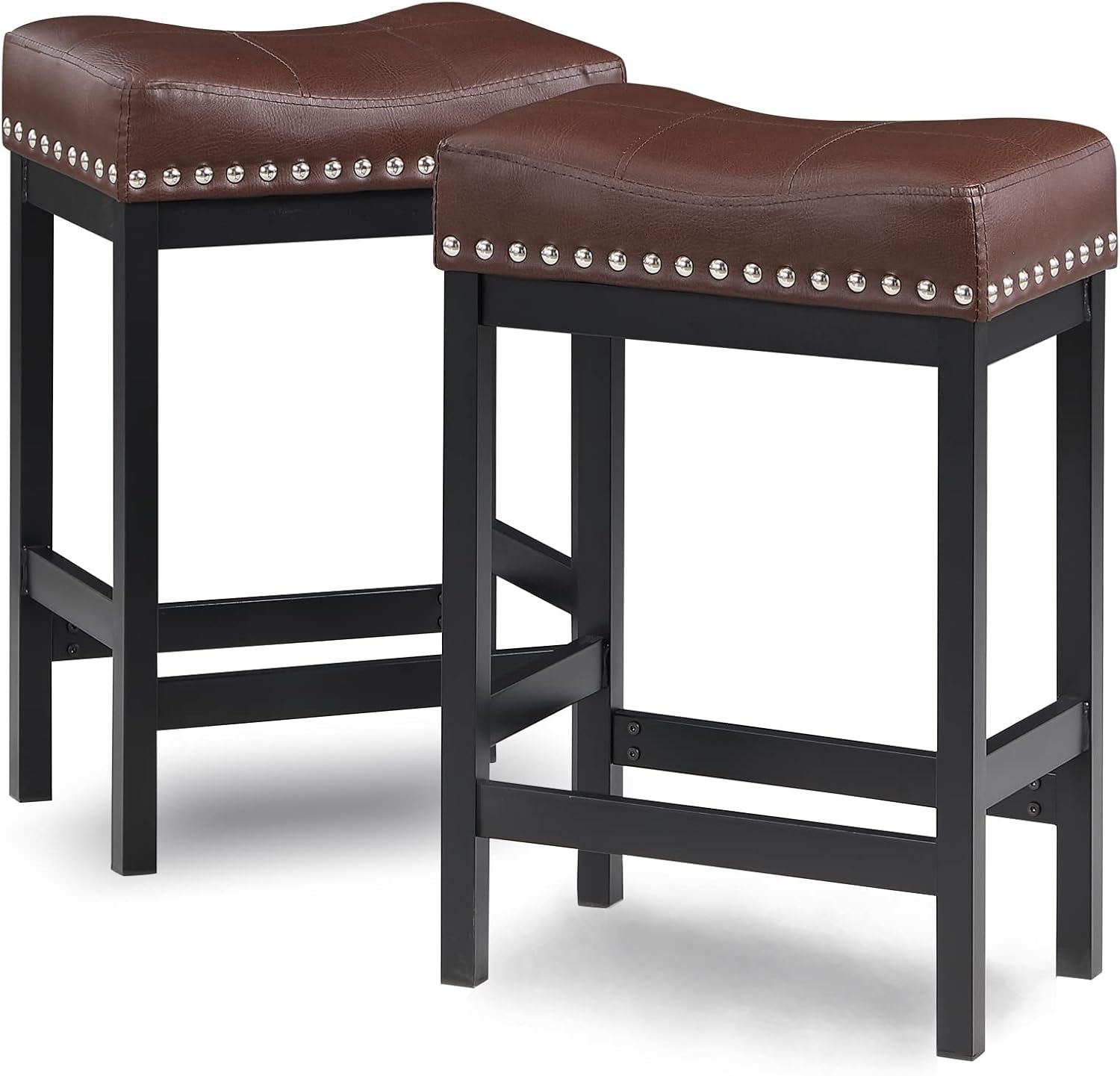 Brown Bar Stools Set of 2, Counter Height Bar Stool, Saddle Barstools, Pu Leather Stools with Metal Frame for Kitchen Island, 918P-BR