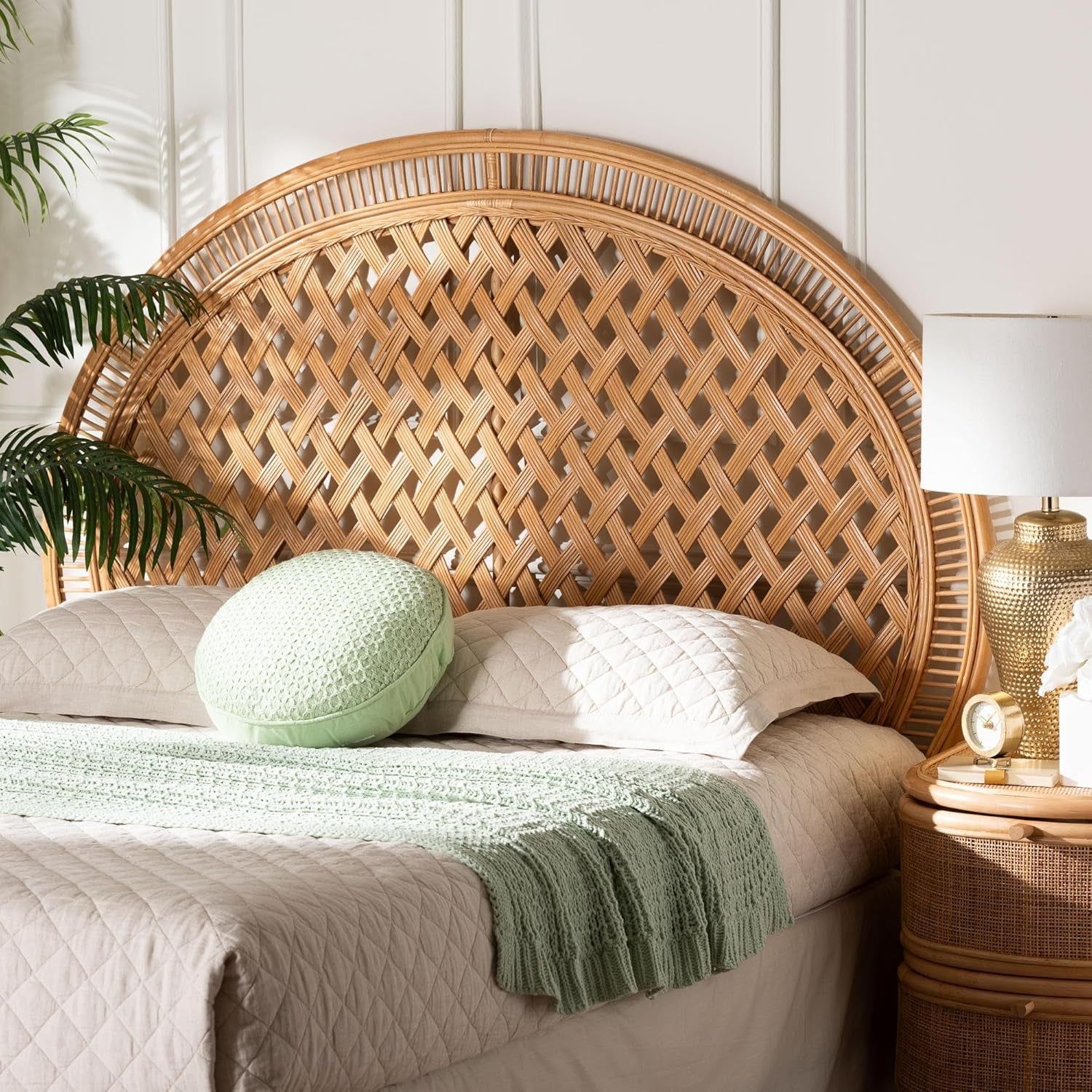 Handwoven Rattan Headboard with Diamond Weave Pattern