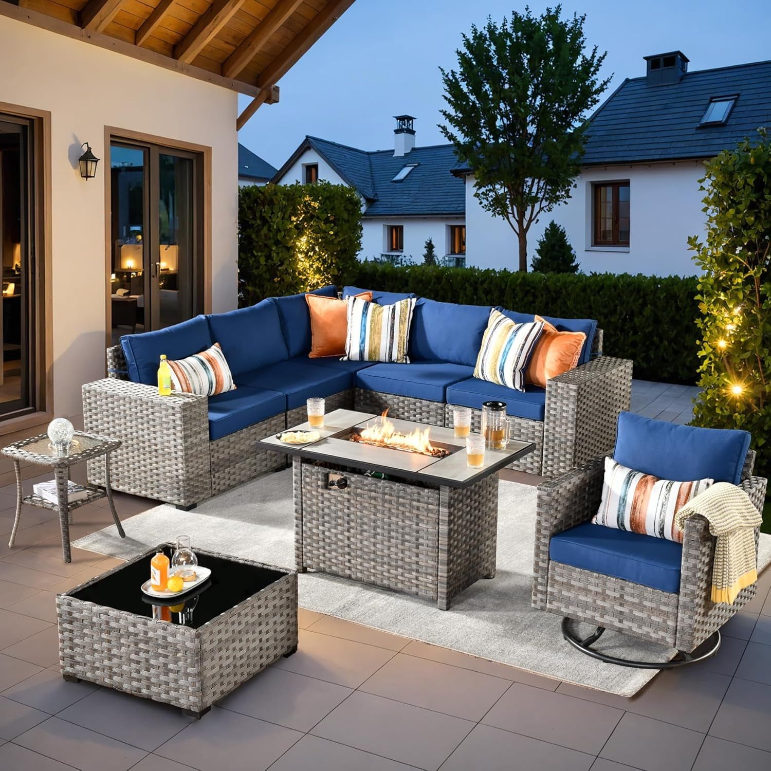 Nine Piece Outdoor Wicker Sofa Set With Fire Pit