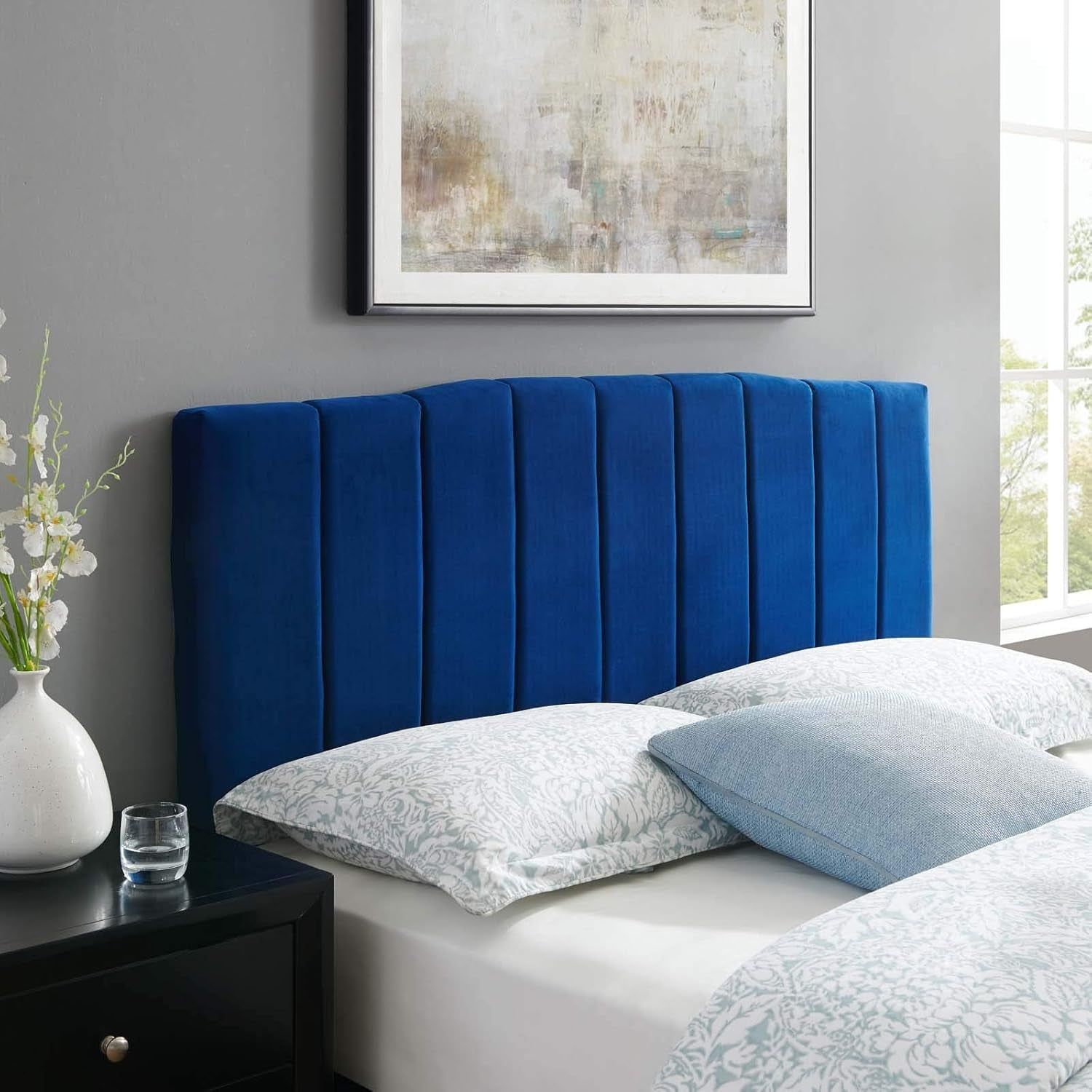 Navy Velvet Channel Tufted King Headboard for Bedrooms