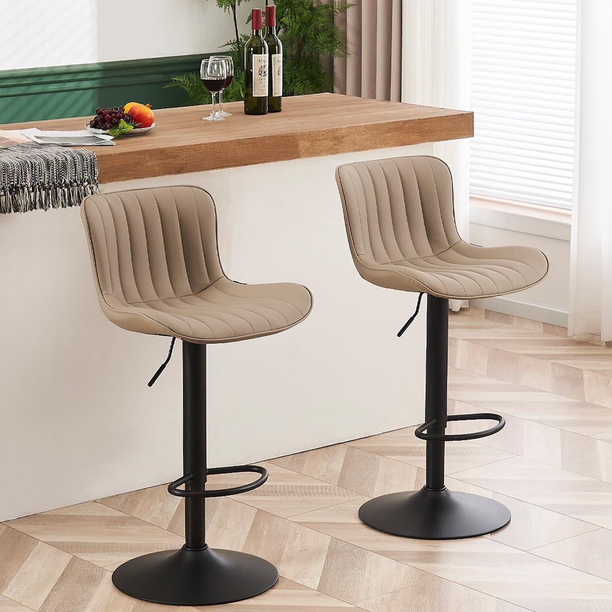 Counter Height Bar Stools Kitchen Island Barstools Set of 2 Adjustable Swivel Counter Stool Bar Height Island Chairs with Back, Khaki