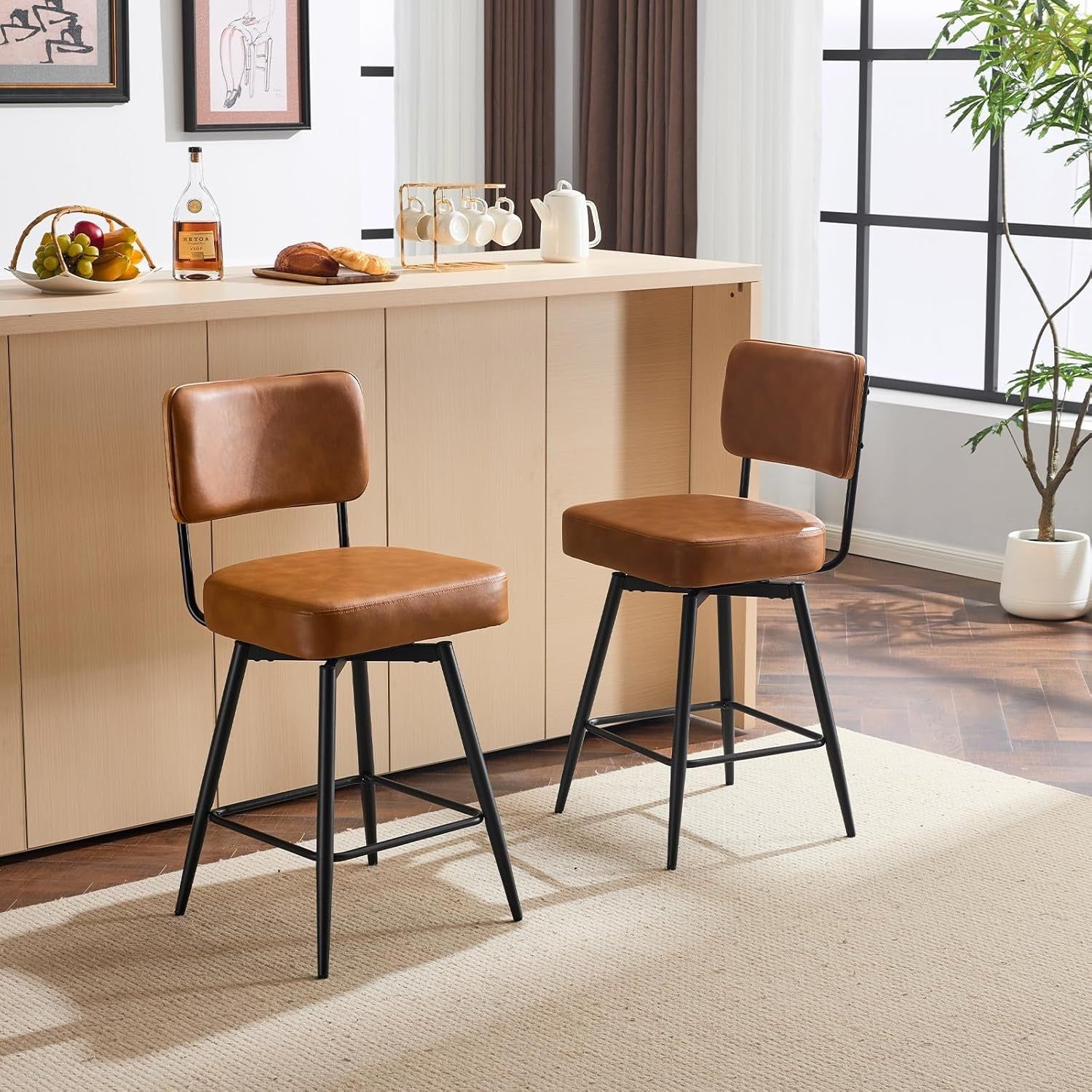 Counter Height Swivel Bar Stools Set of 2, 26&quot; Seat Height Counter Bar Stool for Kitchen Island, Upholstered PU Leather Barstools with Wood Backs and Metal Legs, Brown