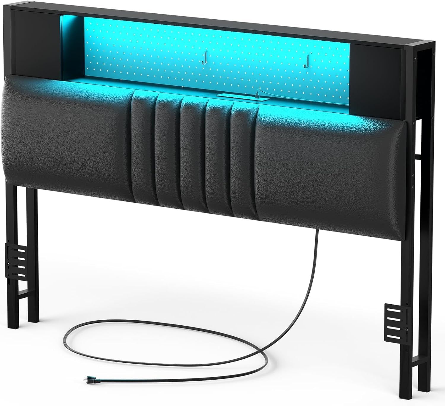 Black Upholstered Full Size Bed Headboard with Storage