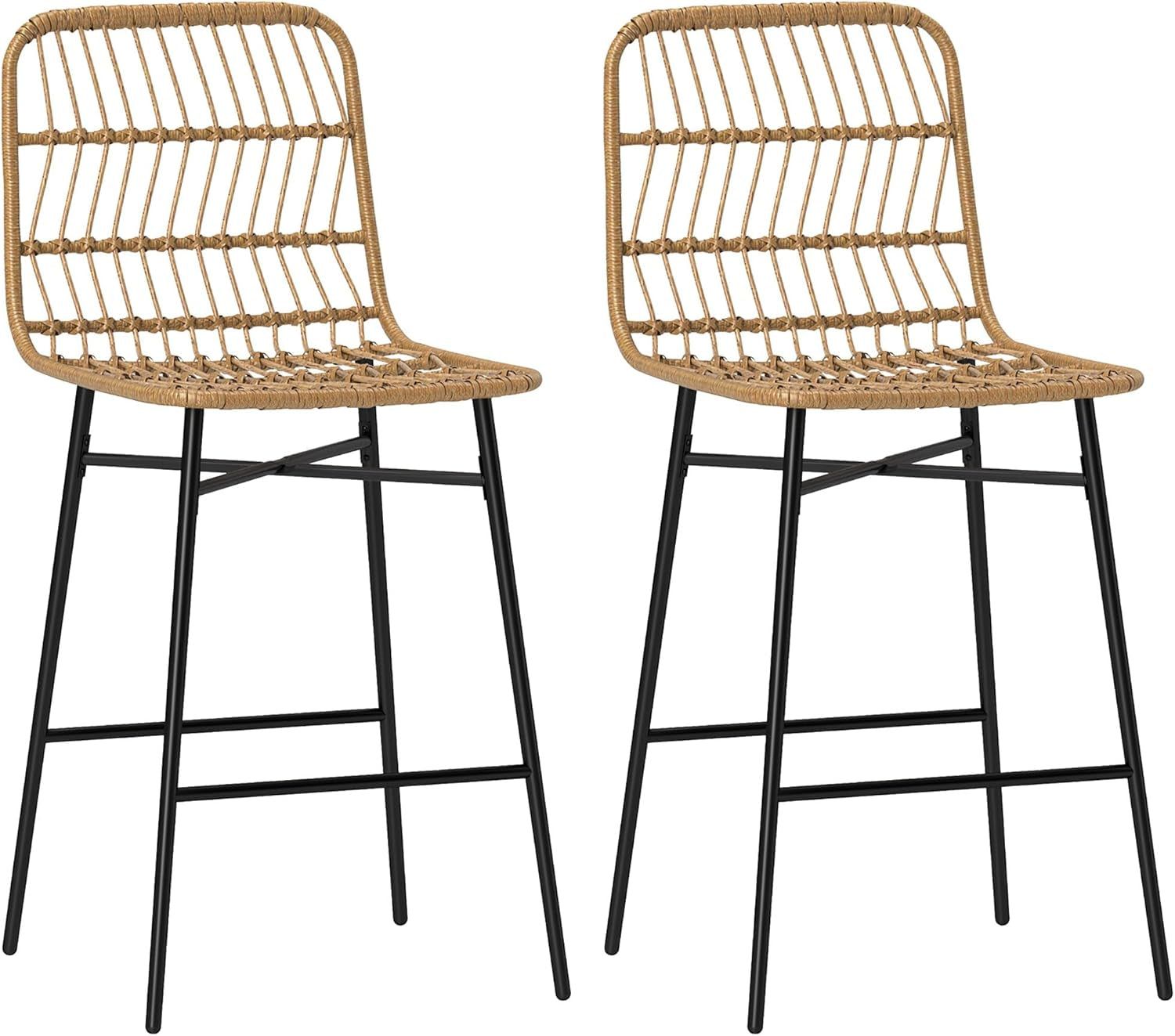 Rattan Counter Height Bar Stools Set of 2, 26&quot; Wicker Barstools with Back, Modern Bar Chairs for Kitchen Island, Kitchen Counter and Dining Room, Brown