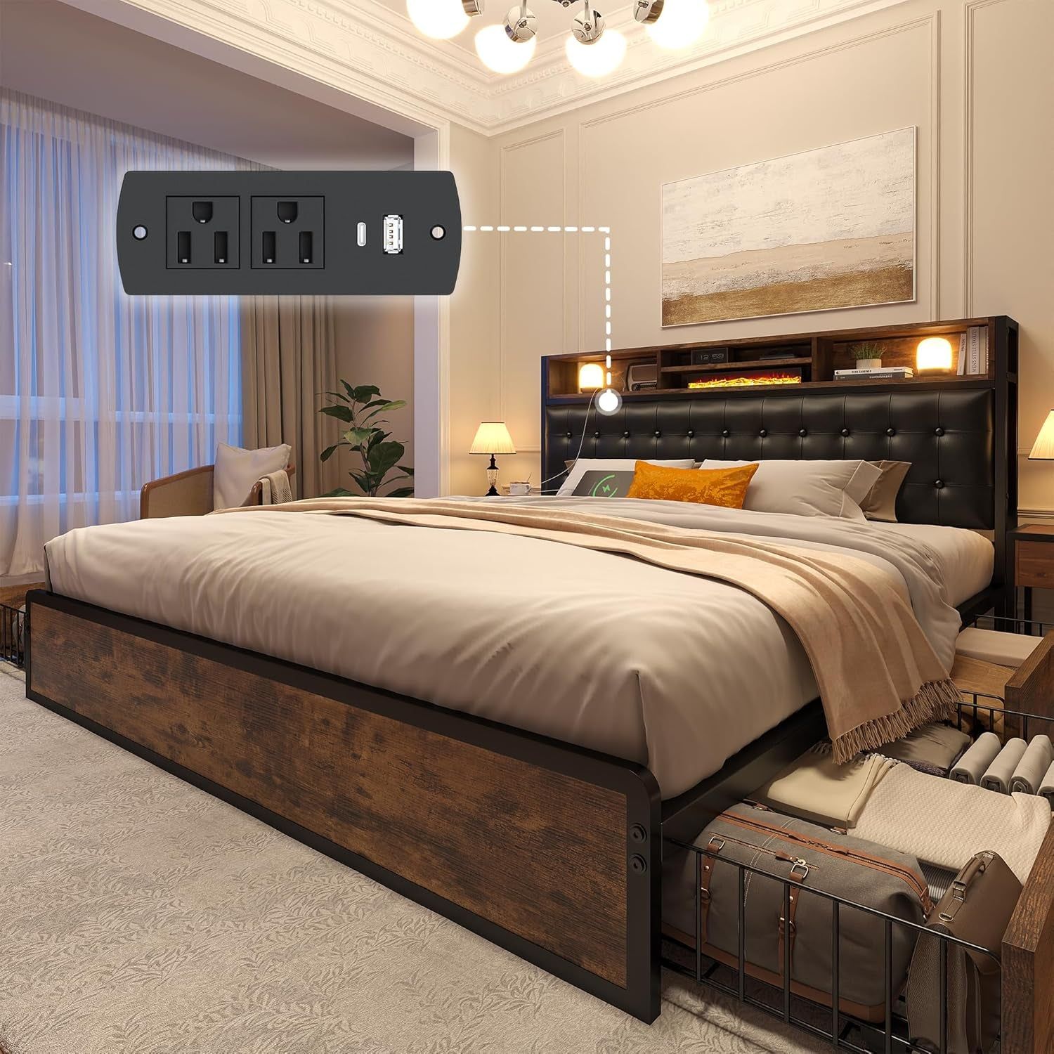 Queen Size Bed Frame with Storage Drawers and Charging Station