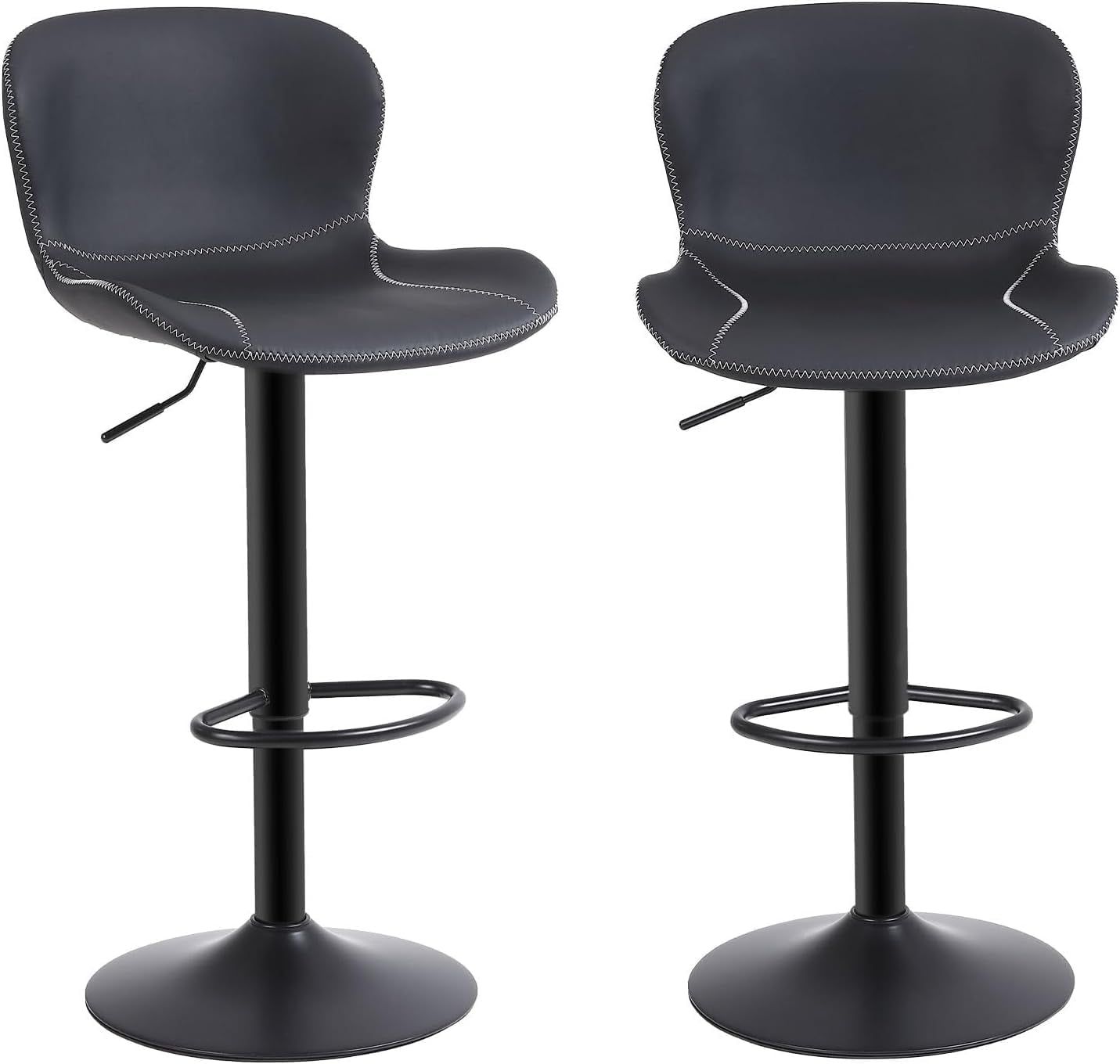 Bar Stools Set of 2, PU Leather Counter Height Barstools with Back, Height Adjustable Swivel Bar Chairs, Modern Armless Kitchen Island Stool, Black