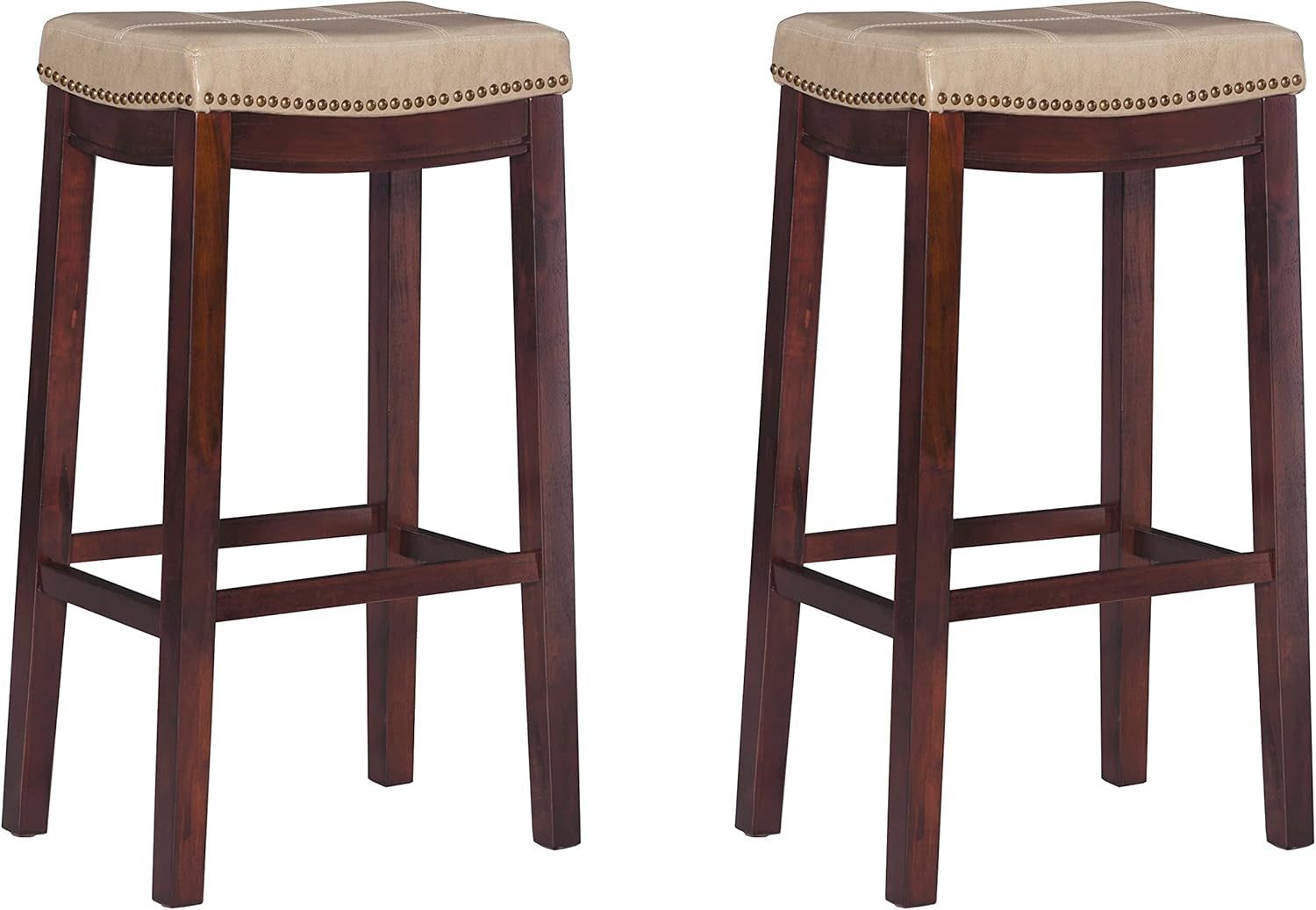 Kingston Brown Wooden Backless Barstool with Beige Faux Leather Upholstered Seat and Nailheads, Set of 2