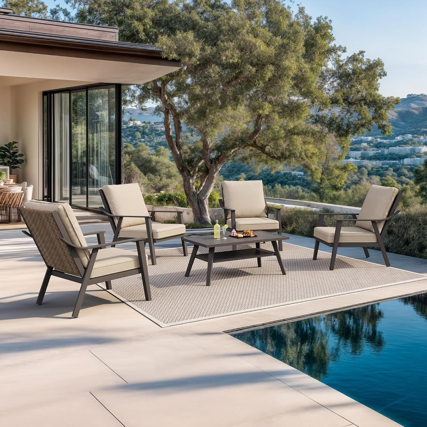 5 Piece Rattan Outdoor Patio Furniture Set With Cushions