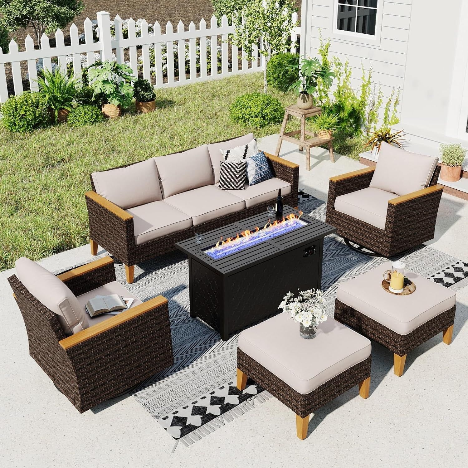 Durable Eight Piece Patio Furniture Set with Fire Pit