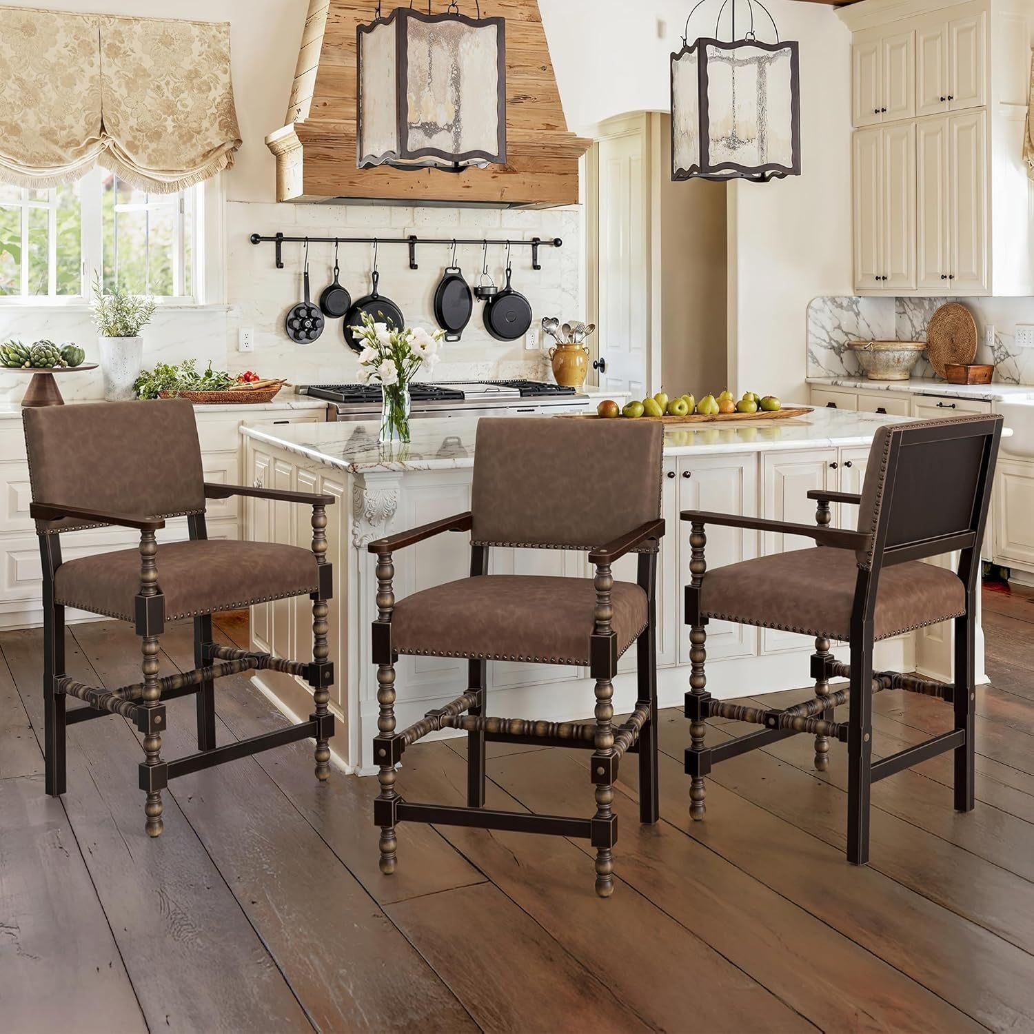 Counter Height Bar Stools Set of 3, 26&#39;&#39; French Leather Barstools with Arms and Backrest, Counter Stool with Solid Rubberwood Frame, Upholstered Farmhouse Bar Stools, Brown-Espresso