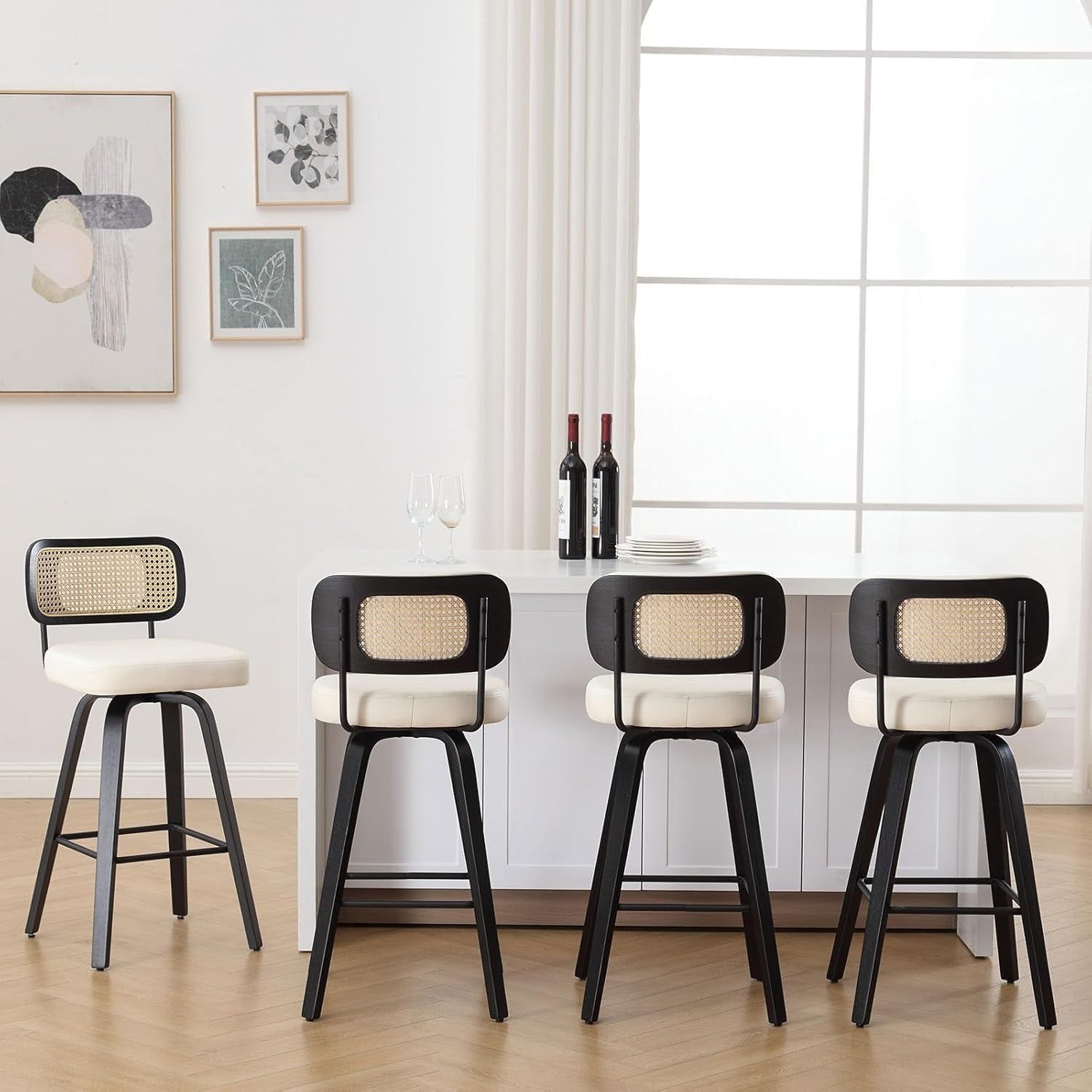 Swivel Counter Height Bar Stools Set with Rattan Back