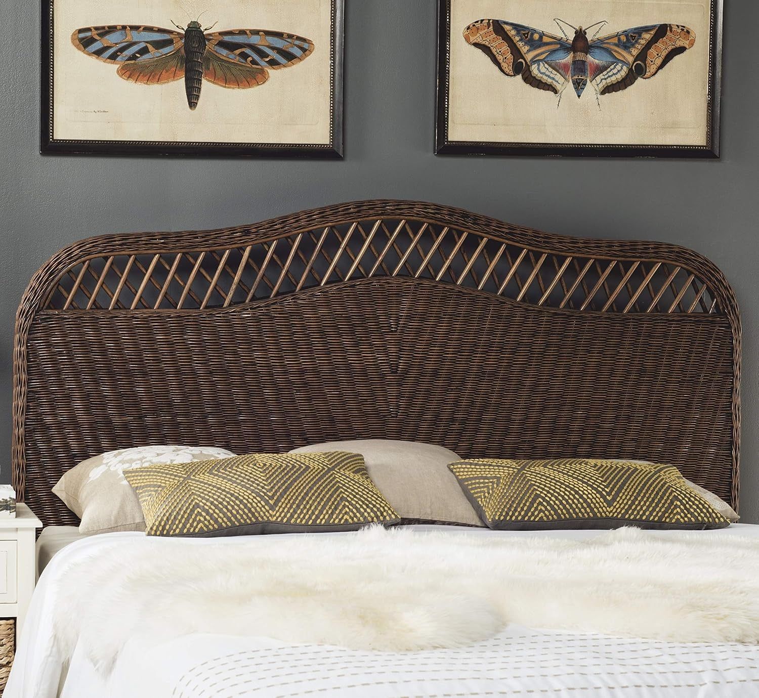 Intricately Woven Brown Rattan Queen Size Headboard