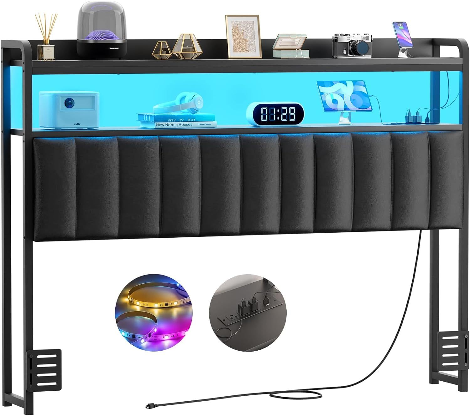 Upholstered Full Size Headboard With USB Ports And LED Light