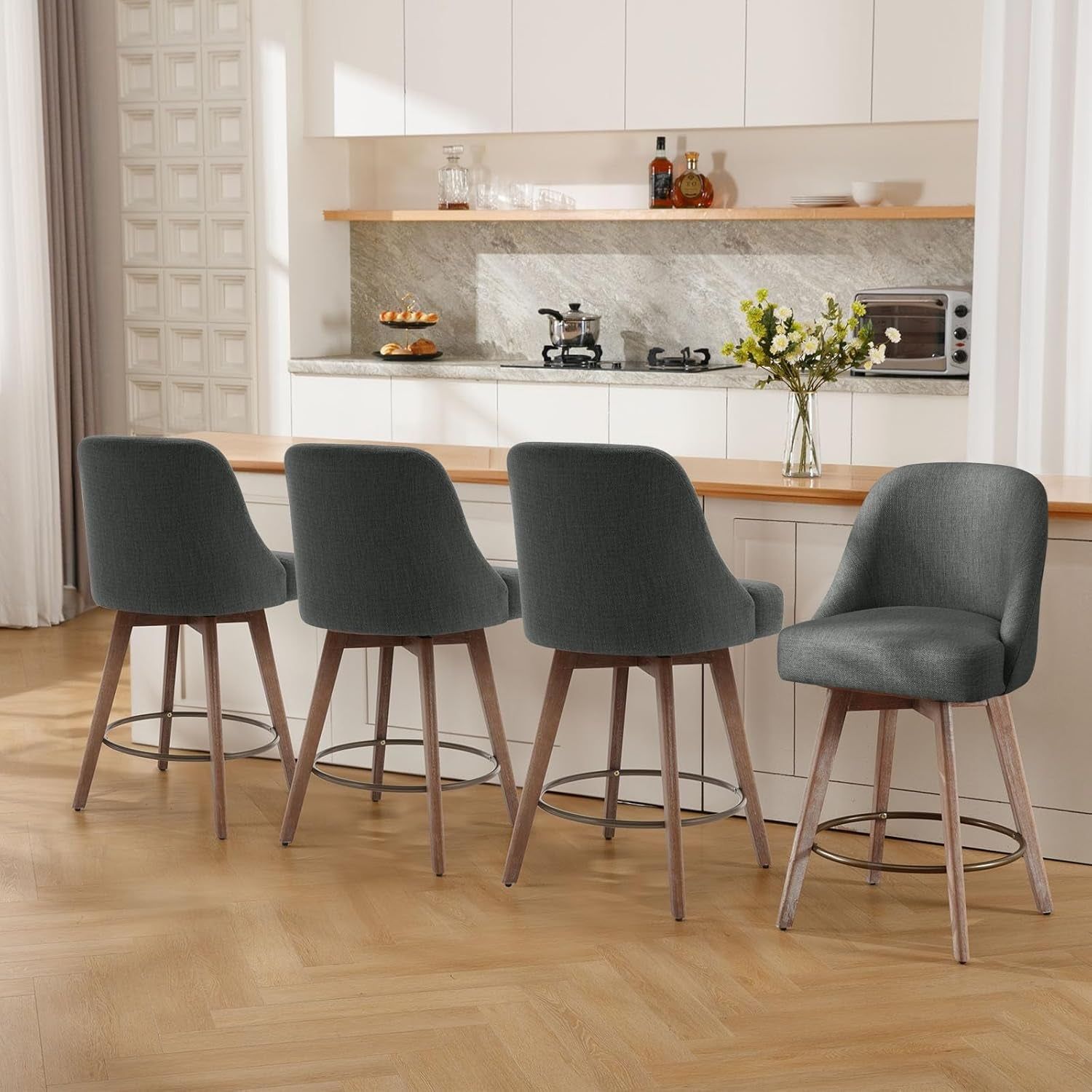 Counter Height Bar Stools Set of 4, Modern Mid-Century Swivel Barstools with Backs and Wood Legs, Linen Fabric Upholstered Bar Chairs, 26&quot; Seat Height Counter Stools for Kitchen Island, Gray