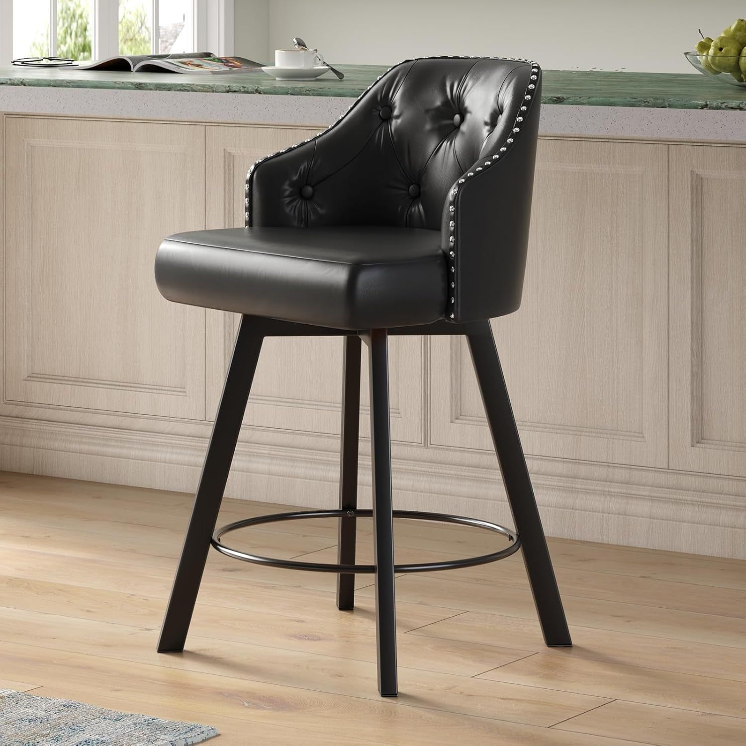 26&quot; Black Swivel Bar Stool, Counter Height Bar Stool with Back and Metal Legs, Morden Faux Leather Upholstered Barstool, Kitchen Island Chair with Button Tufted and Rivet