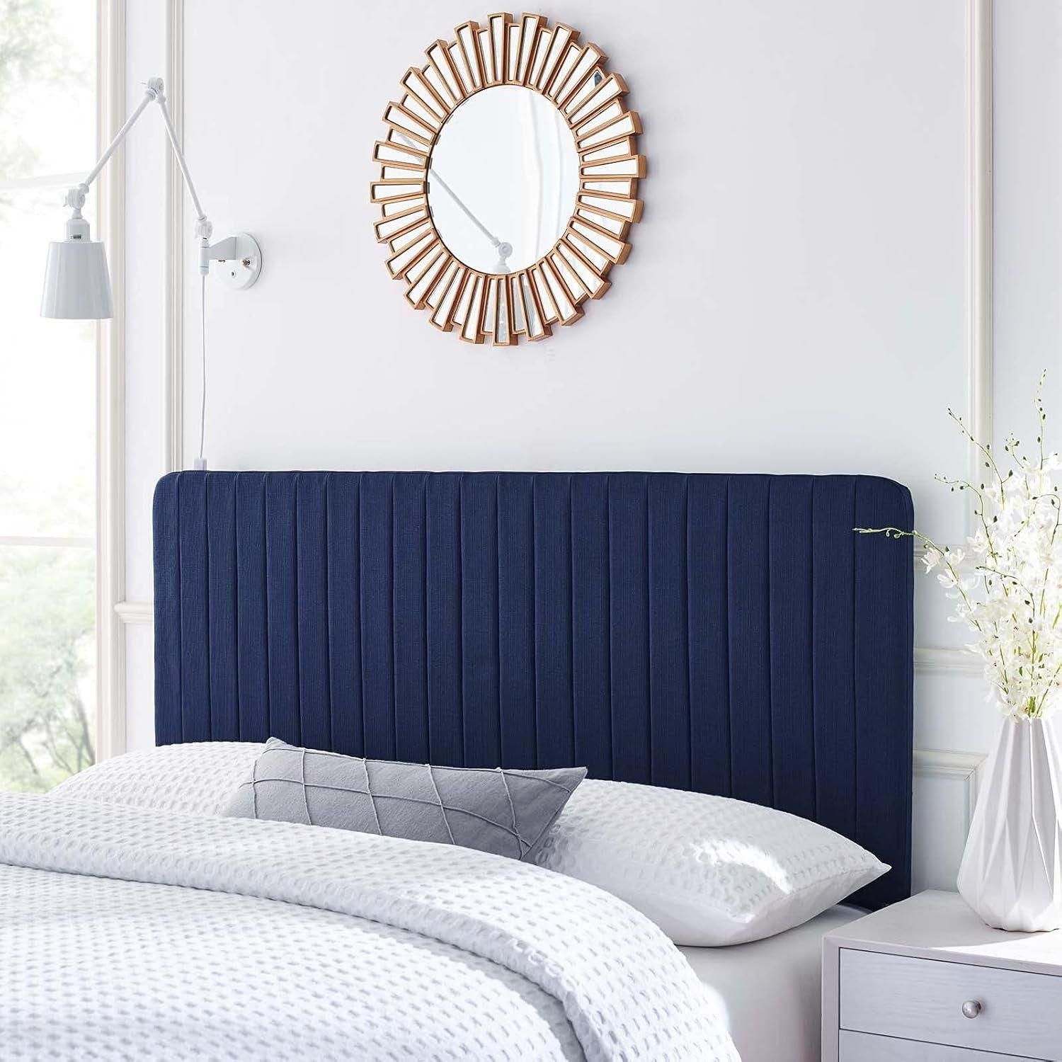 Glam Deco Channel Tufted Fabric Headboard In Royal Blue
