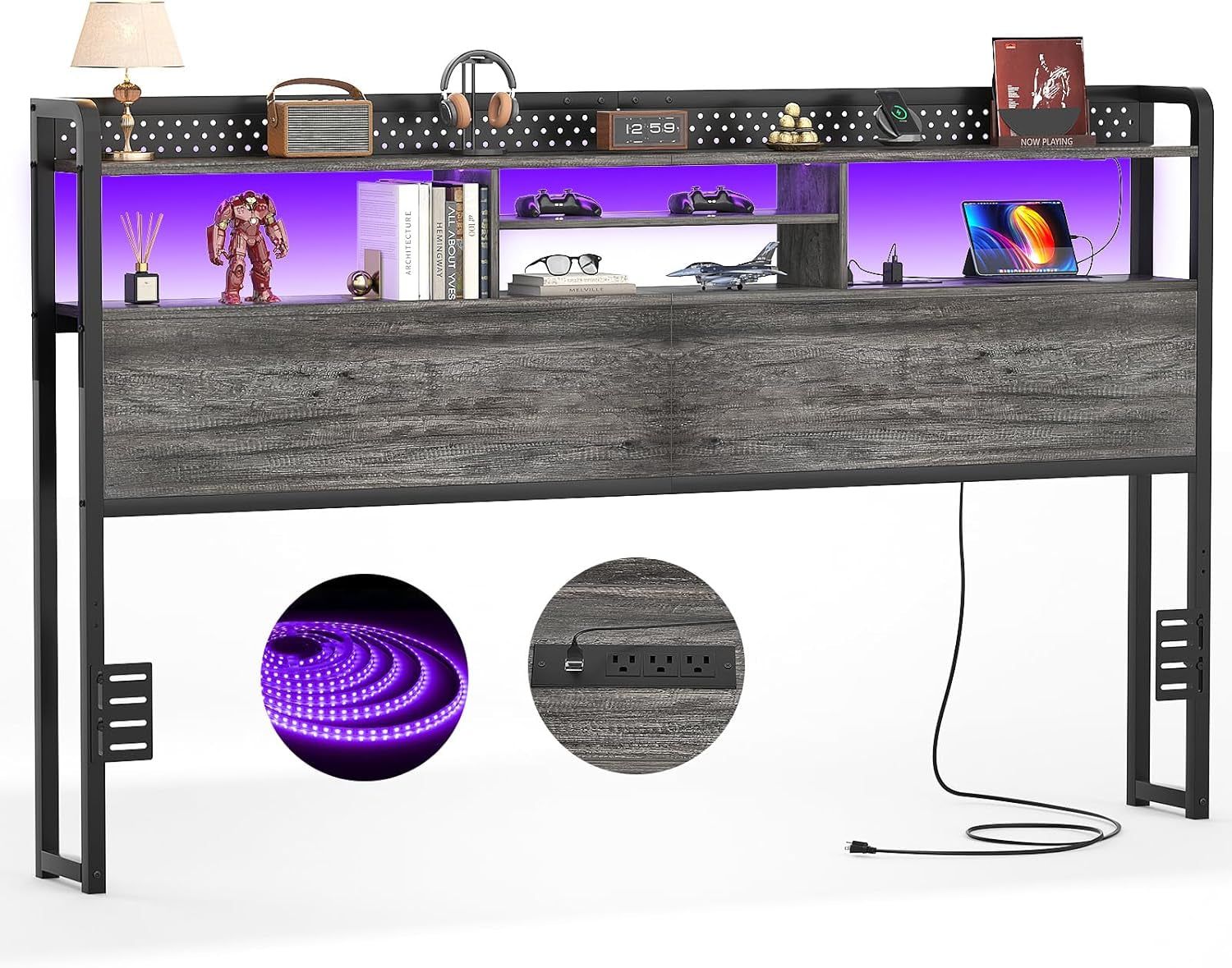 King Size Headboard with Charging Station and LED Light