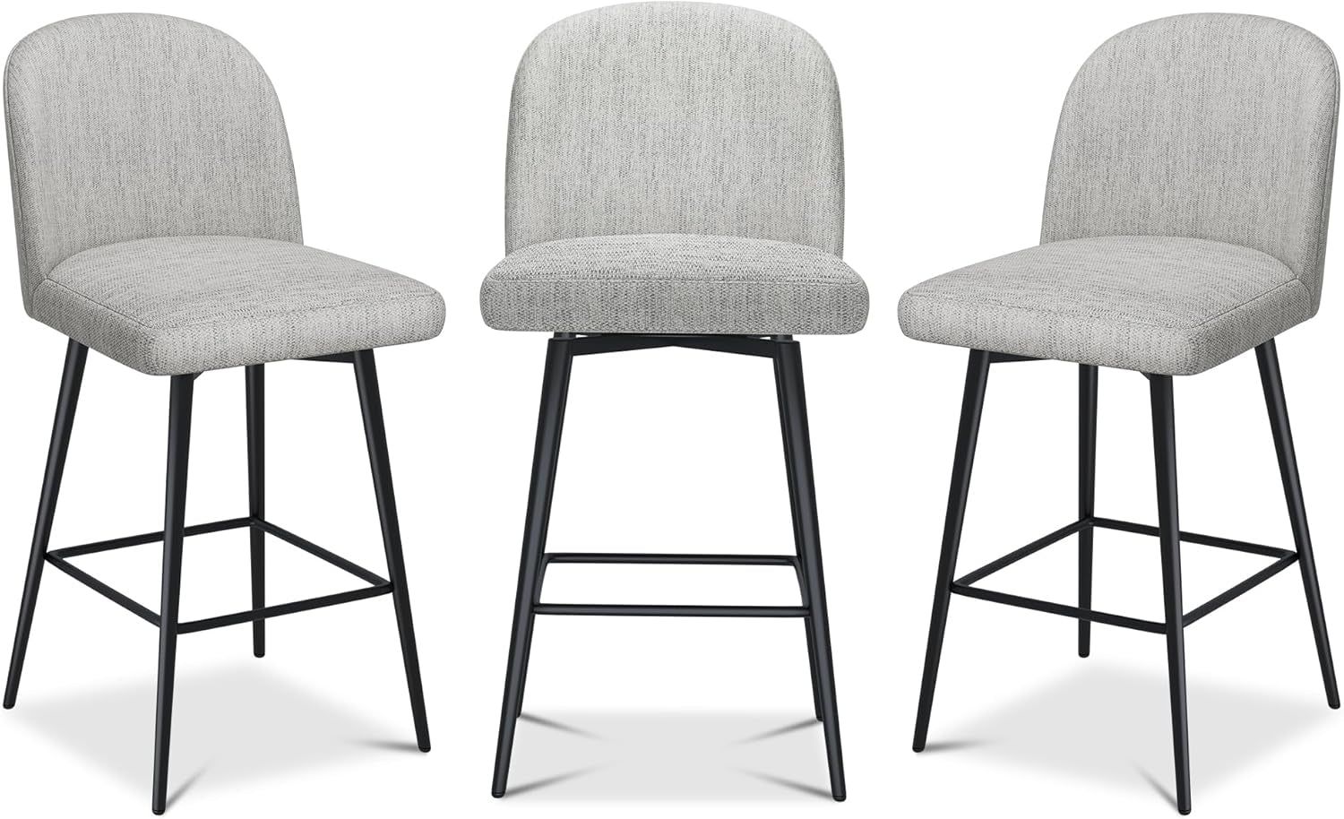Counter Height Bar Stools Set of 3, 26 Inch Upholstered 360°Swivel Barstools with Back and Metal Legs, Linen Fabric Counter Stools for Kitchen Island, Dining Room, Pub, Light Grey