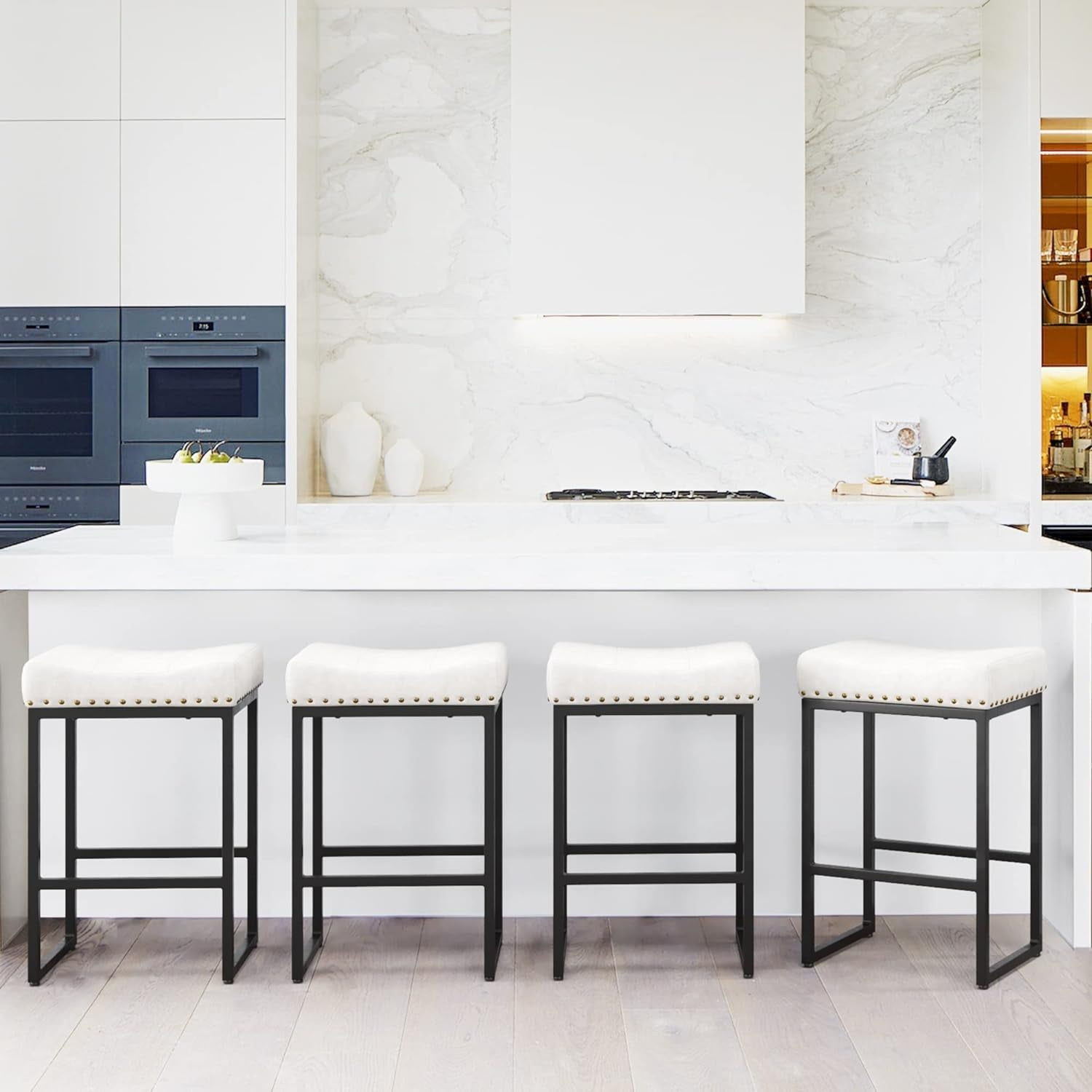 Counter Height Bar Stools 24&quot; Square Saddle Barstools Set of 4, Backless Faux Leather Counter Stool with Black Metal Legs for Kitchen Island Counter, Bistro,White