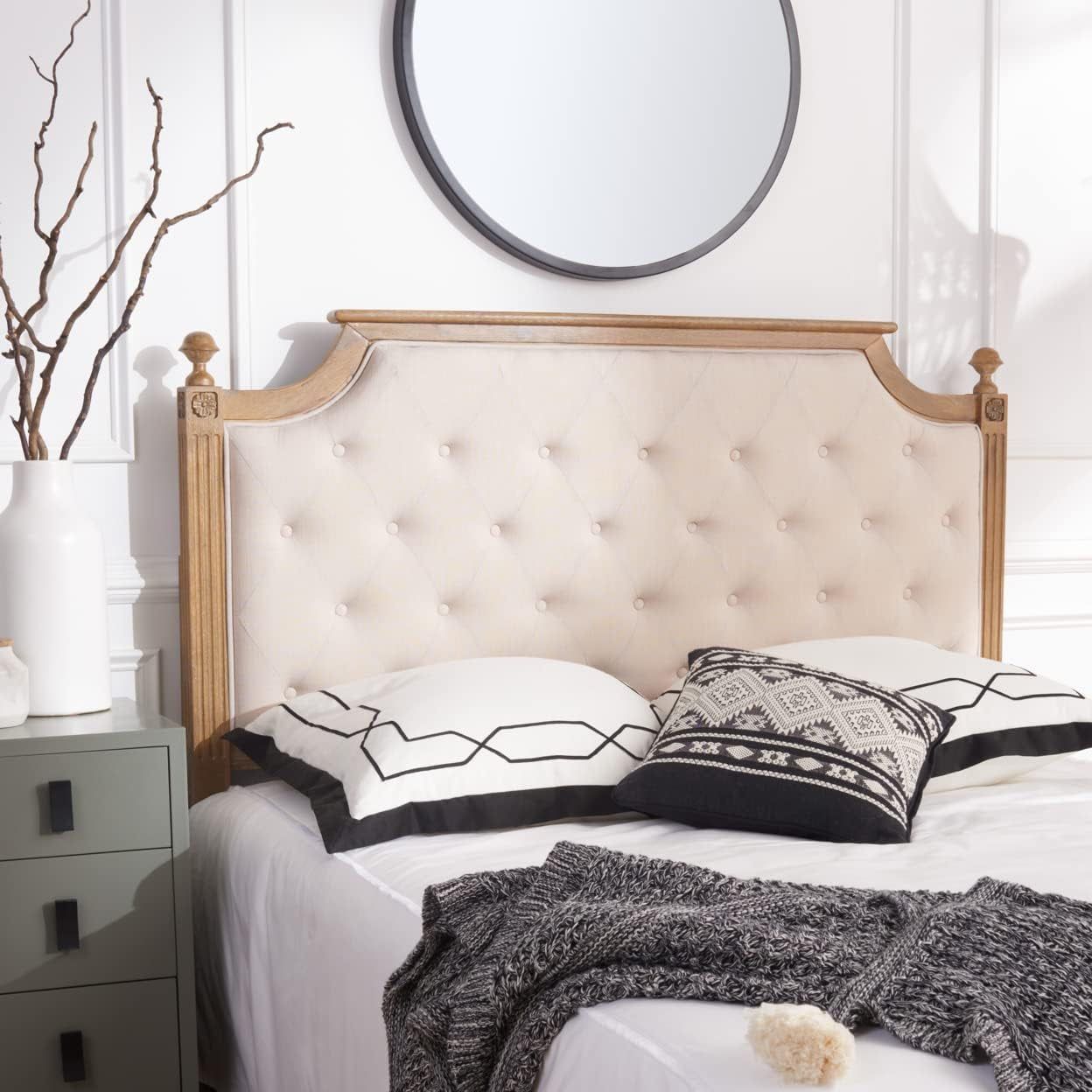 Tufted Linen Headboard in Beige and Rustic Oak
