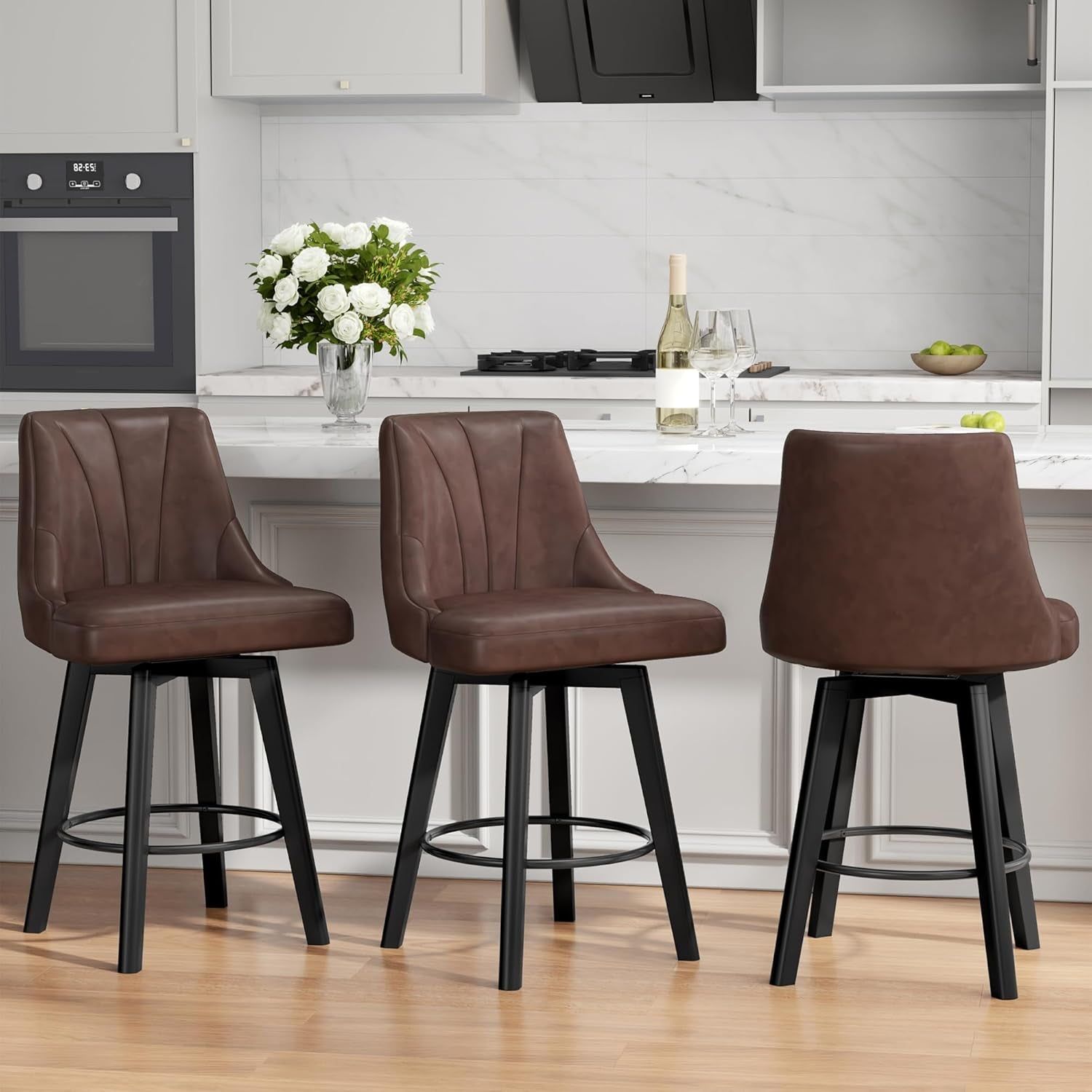 Counter Height Swivel Bar Stool, 24&quot; Upholstered PU Leather Barstools Set of 3, Counter Stool Chair with Back &amp; Solid Wood Legs for Kitchen Island Dining Room (Brown)