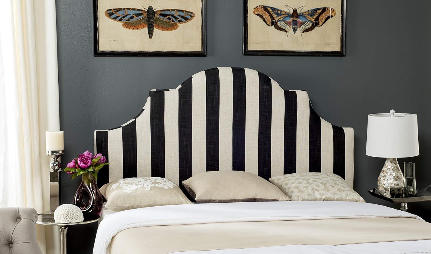 Black White Striped Upholstered King Headboard for Bedrooms