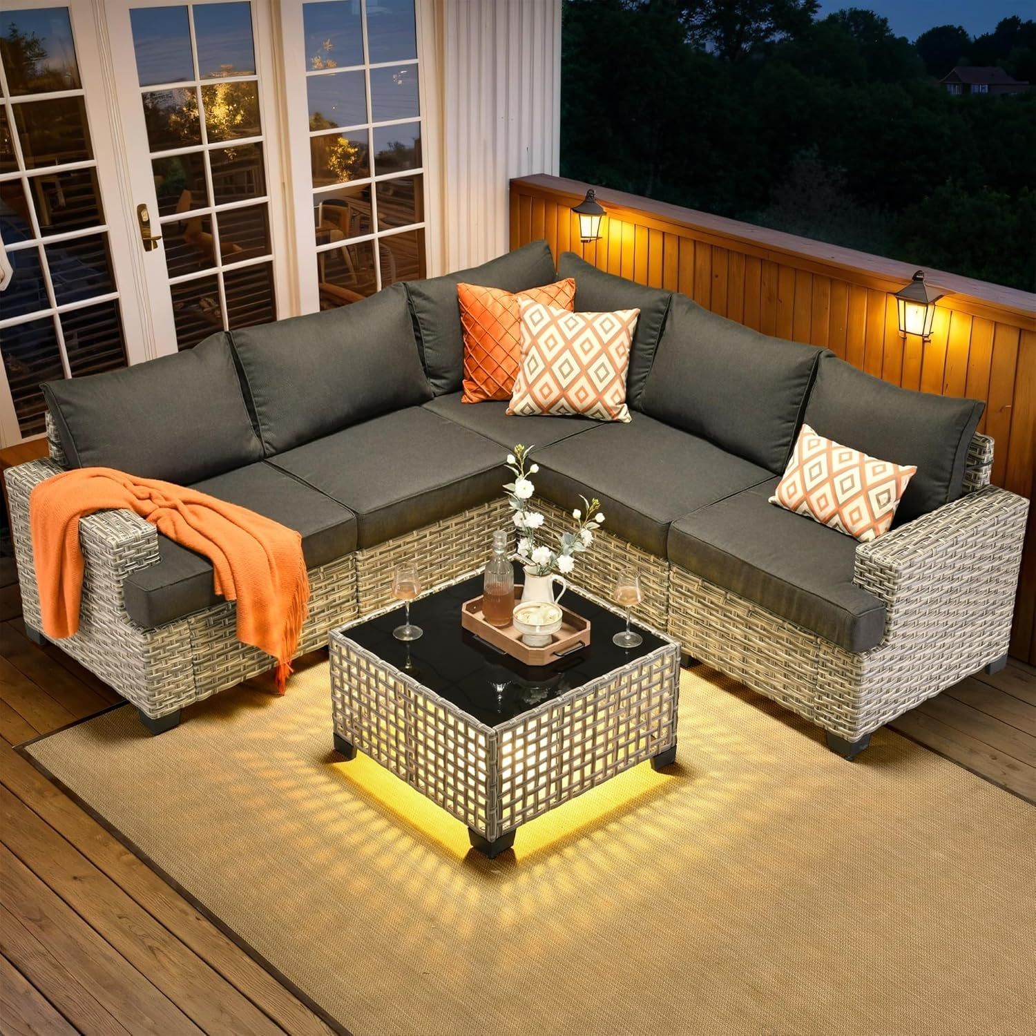Six Piece Rattan Wicker Outdoor Sectional Sofa Set