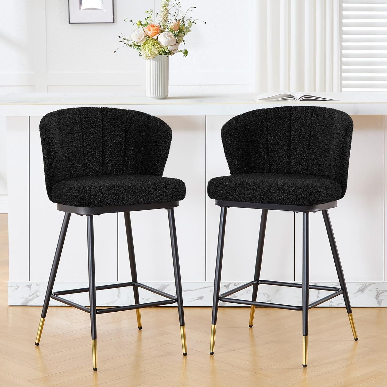 Modern Boucle Bar Stools Set of Two with Cushion