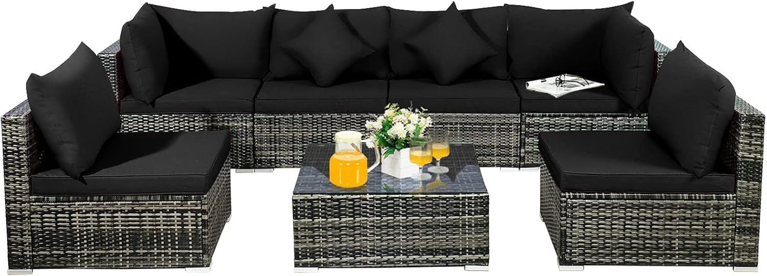 Seven Piece Outdoor Rattan Furniture Set with Cushions