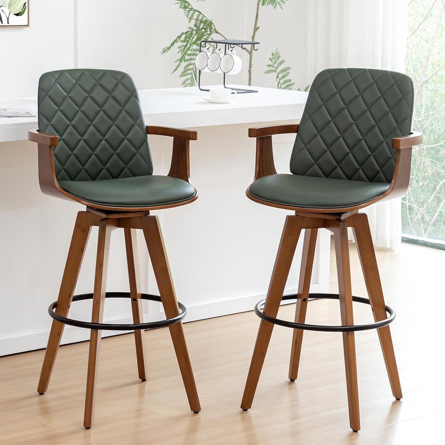 Set of 2 Bar Height Bar Stools - 30 Inch Swivel Bar Stools with Curved Back and Arms, Walnut Craftsmanship, Upholstered Seat, Mid Century Barstools for Bar/ Pub/Island/Coffee (30&quot; Seat Height, Green)