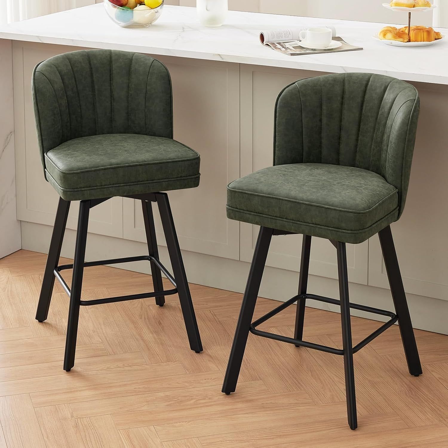 Swivel Counter Height Bar Stools Set of 2, 26&#39;&#39; Modern Barstools with Backs and Metal Legs, Upholstered Bar Chairs, Faux Leather Green Stools for Kitchen Island Chairs