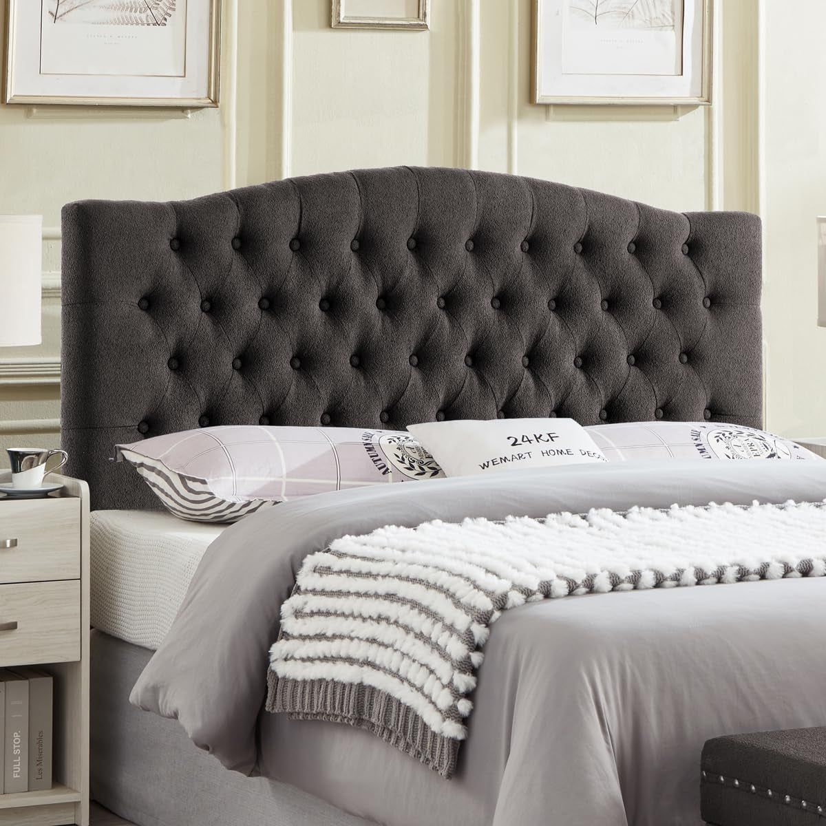Elegant Boucle Upholstered Tufted Queen Headboard Dark Gray