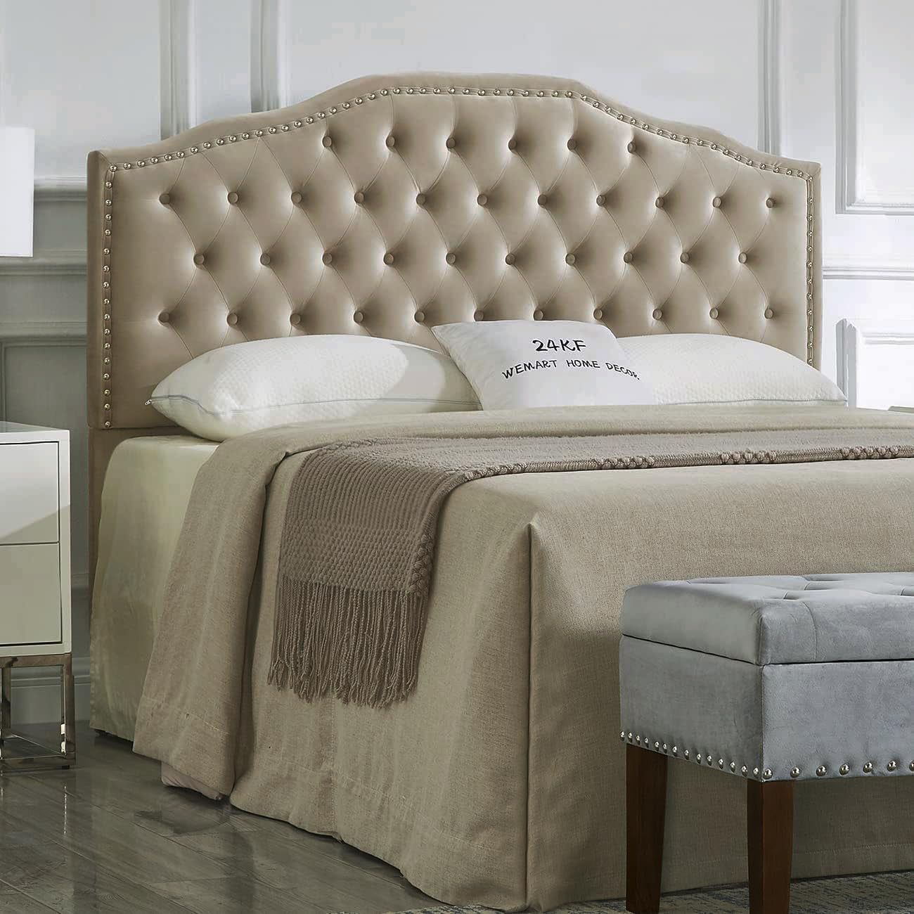 Upholstered Tufted Headboard with Nailhead Trim in Taupe
