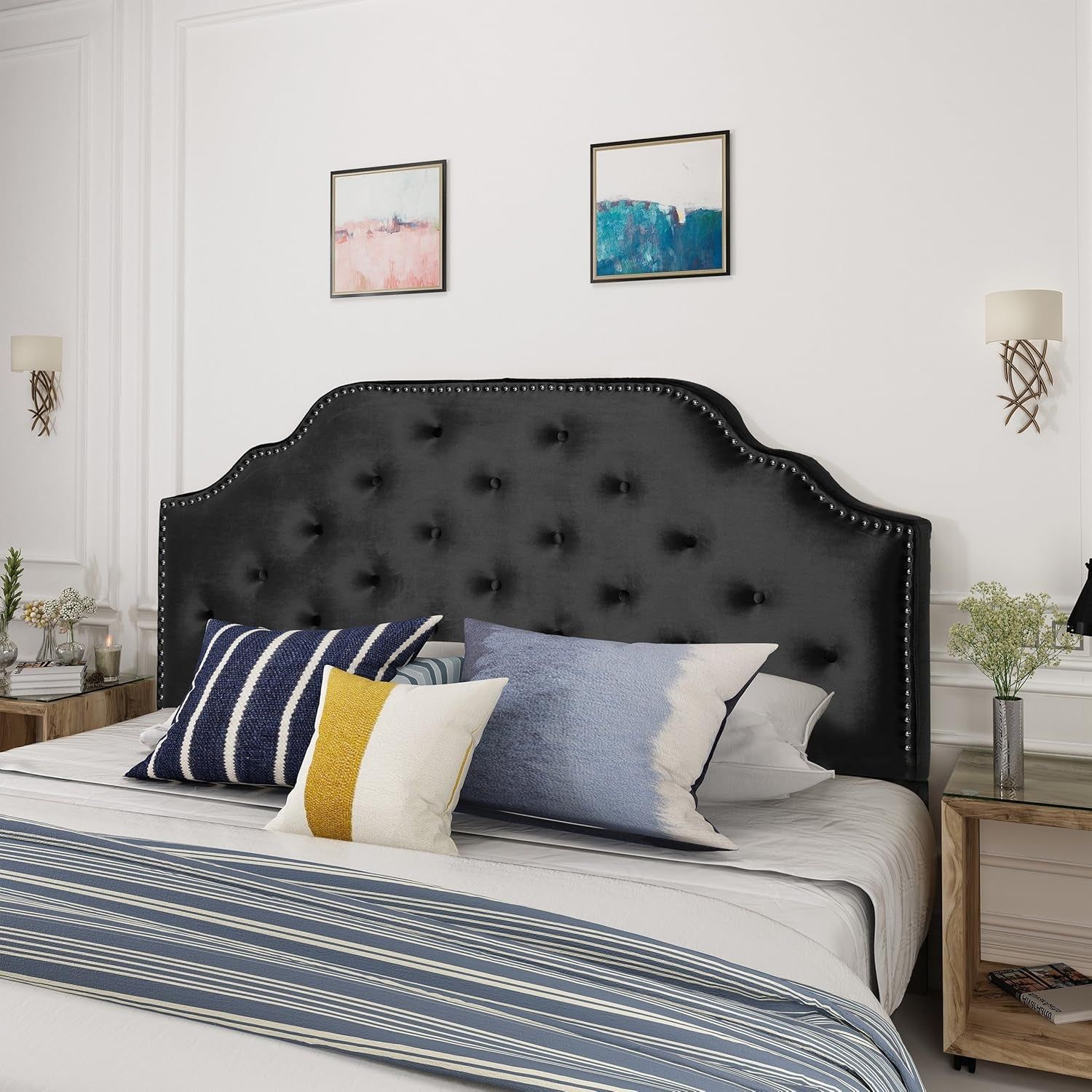 Contemporary Black Velvet Headboard with Button Tufted Design