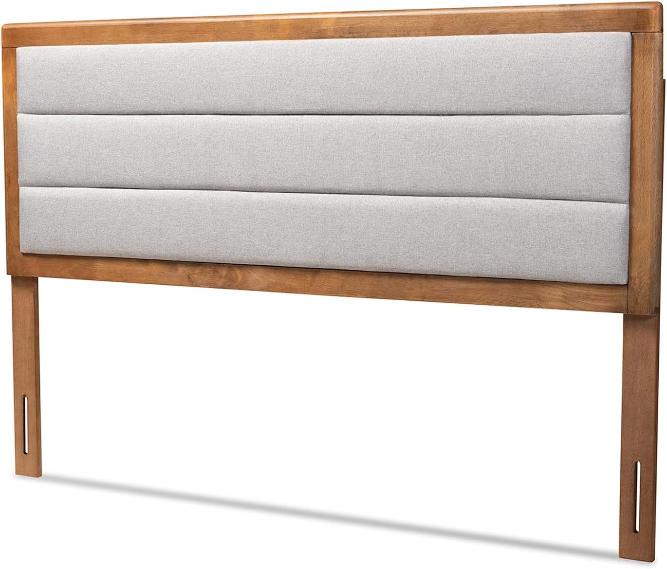 Light Grey Upholstered Queen Size Headboard with Walnut Finish