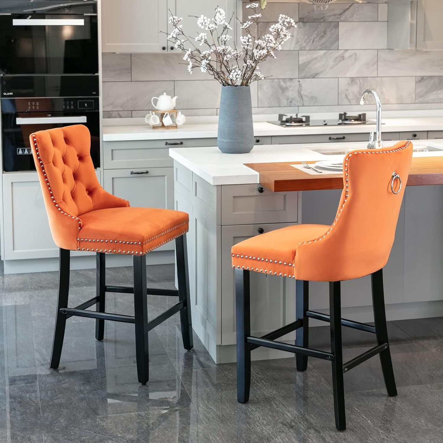 Velvet Upholstered Wingback Bar Stools Set of 2, Button Tufted Counter Height Bar Stool Chairs with Nailhead Trim&amp;Handle Ring, Padded Kitchen Island Barstools W/Solid Wood Frame, Orange