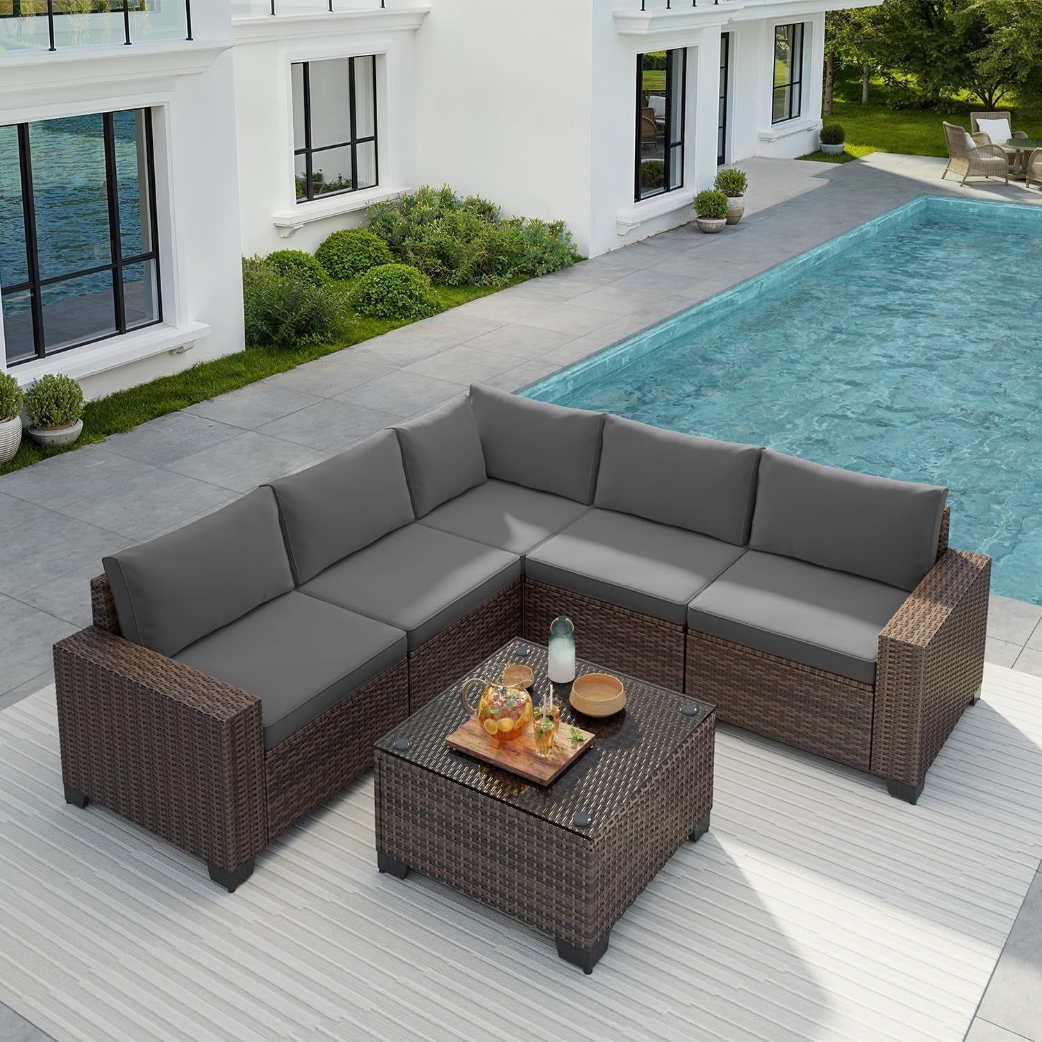 Outdoor 6-Piece Wicker Sectional Sofa Set with Cushions