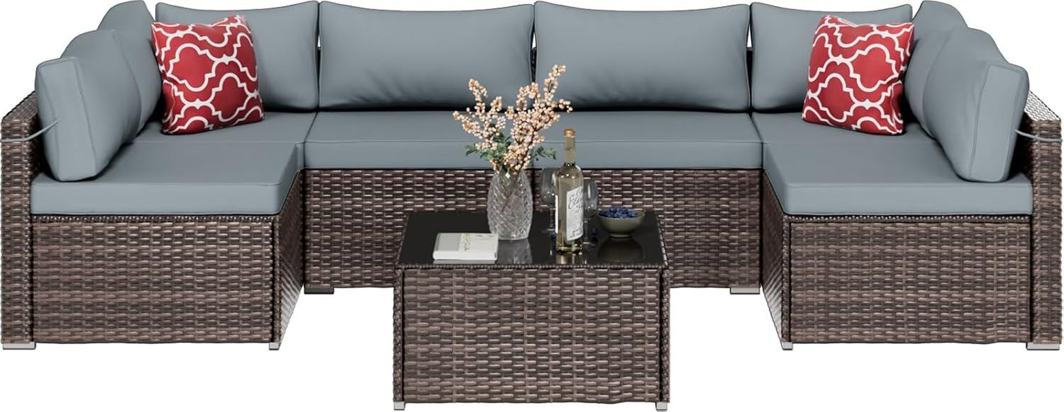 Brown PE Rattan 7-Piece Patio Furniture Sofa Set