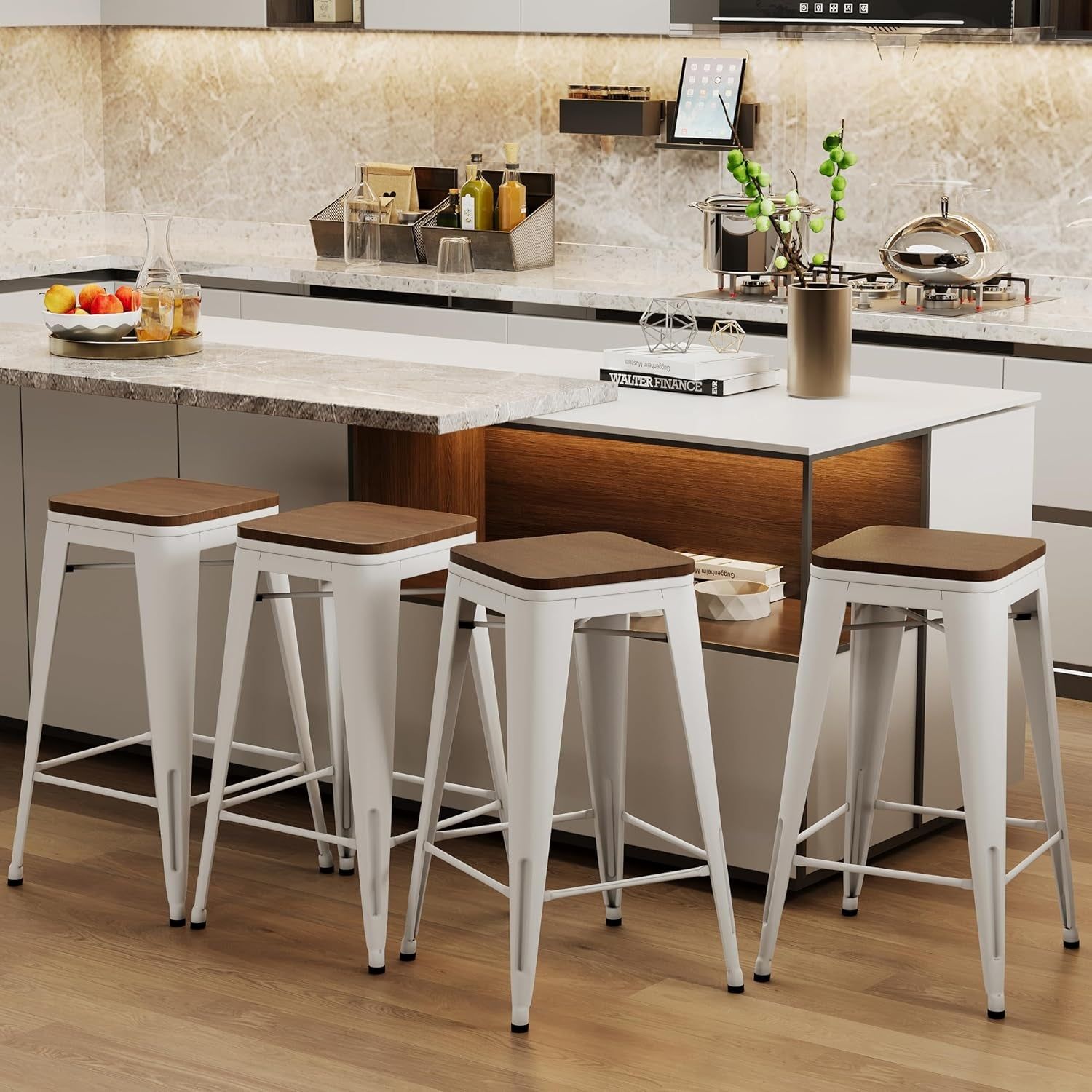 Metal Bar Stools Set of Four Backless Stackable Design
