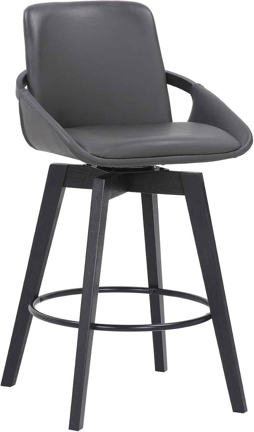 Baylor Mid Century Modern Swivel Bar Stool for Kitchen Island Counter in Gray Faux Leather and Black Wood, 26&quot; Seat Height