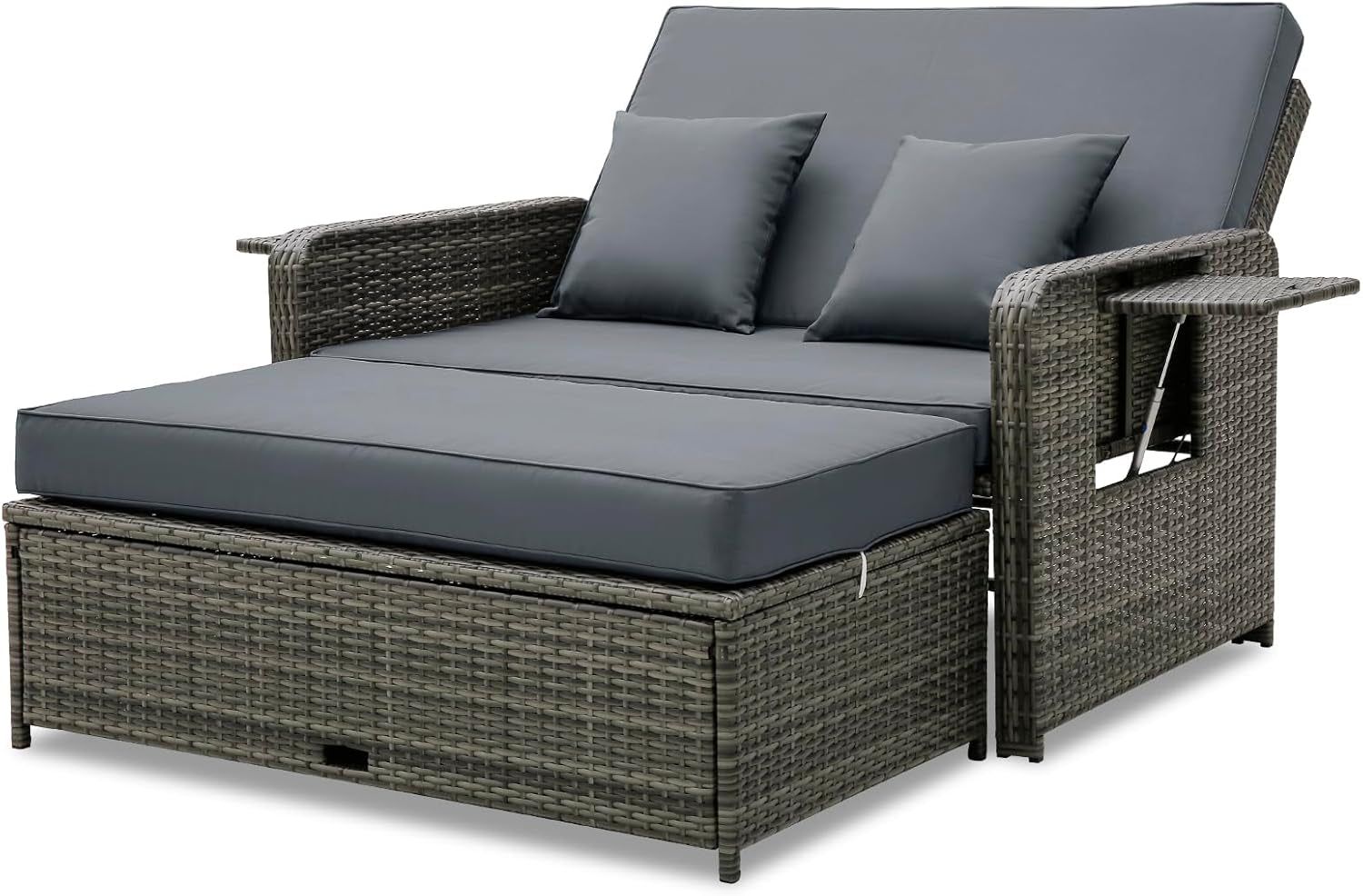 Stylish Rattan Daybed Set With Adjustable Backrest Ottoman