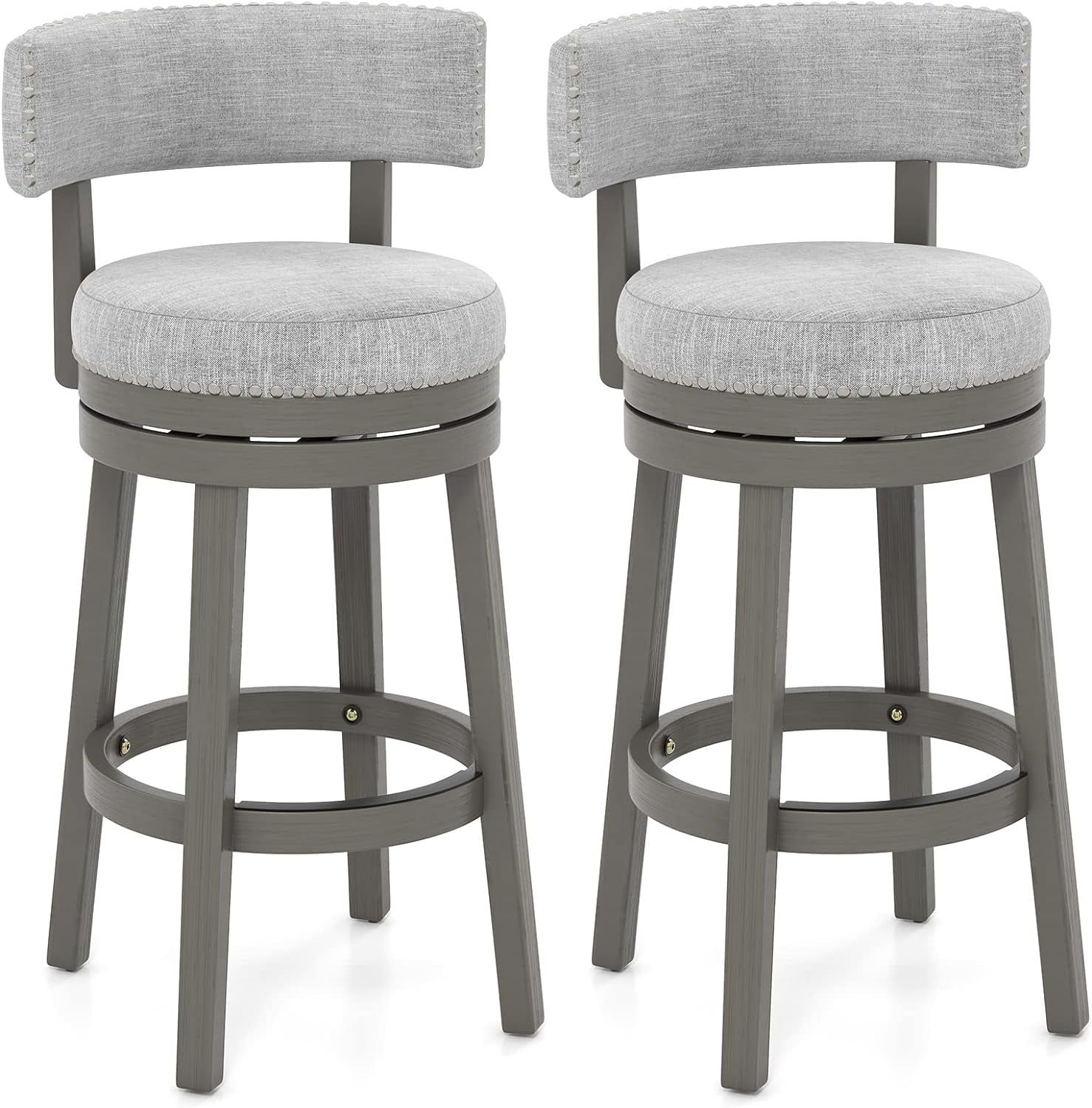 Bar Stools Set of 2, 31-Inch 360° Swivel Barstool with Upholstered Back &amp; Seat, Solid Rubber Wood Legs &amp; round Footrest, Farmhouse Bar Height Chair for Home, Bar, Grey (2, Seat Height 31‘’)