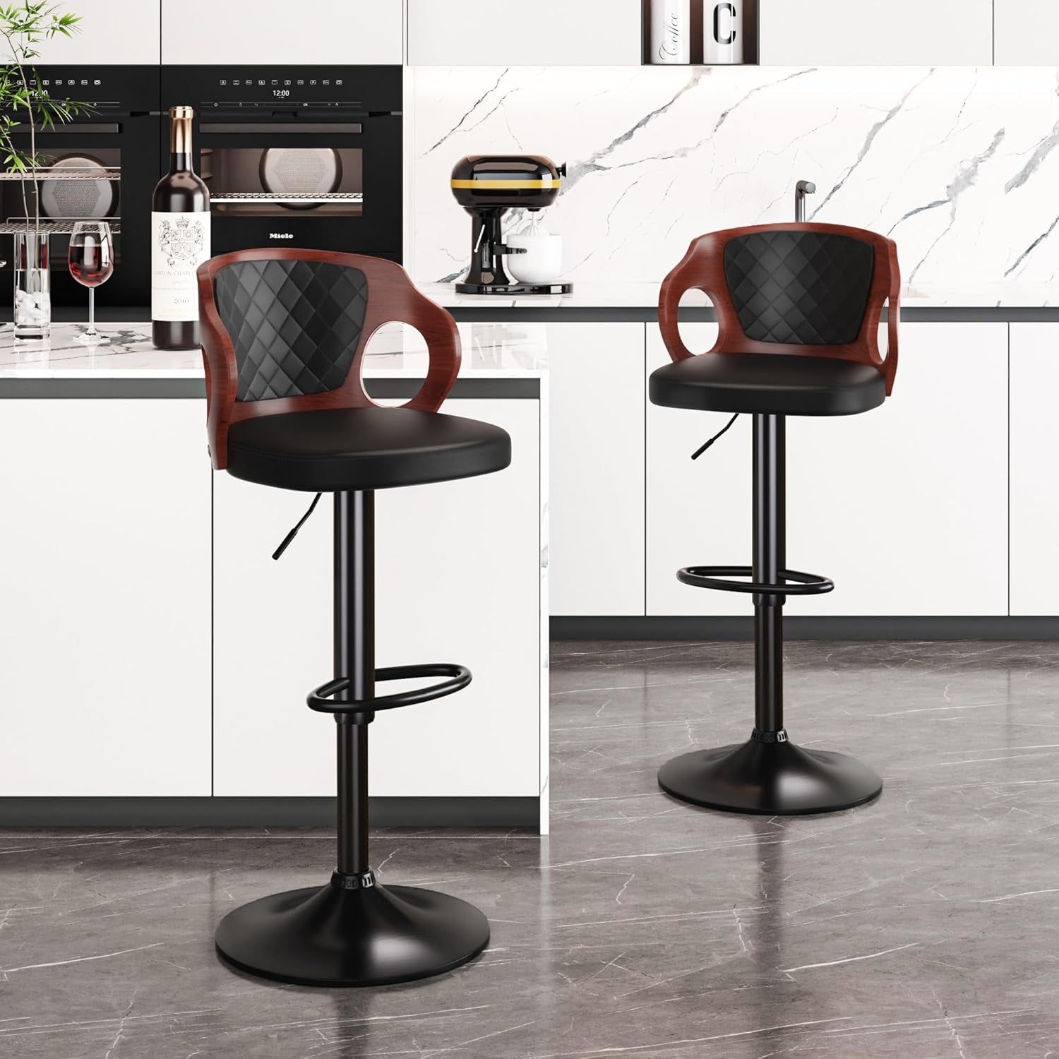Barstools Set of 2,Counter Height Stools with Bentwood Back&amp;Arm, Swivel Barstools,Pu Leather Kitchen Island Stools, Adjustable Height Bar Chairs for Club Pub Dining Room,Black