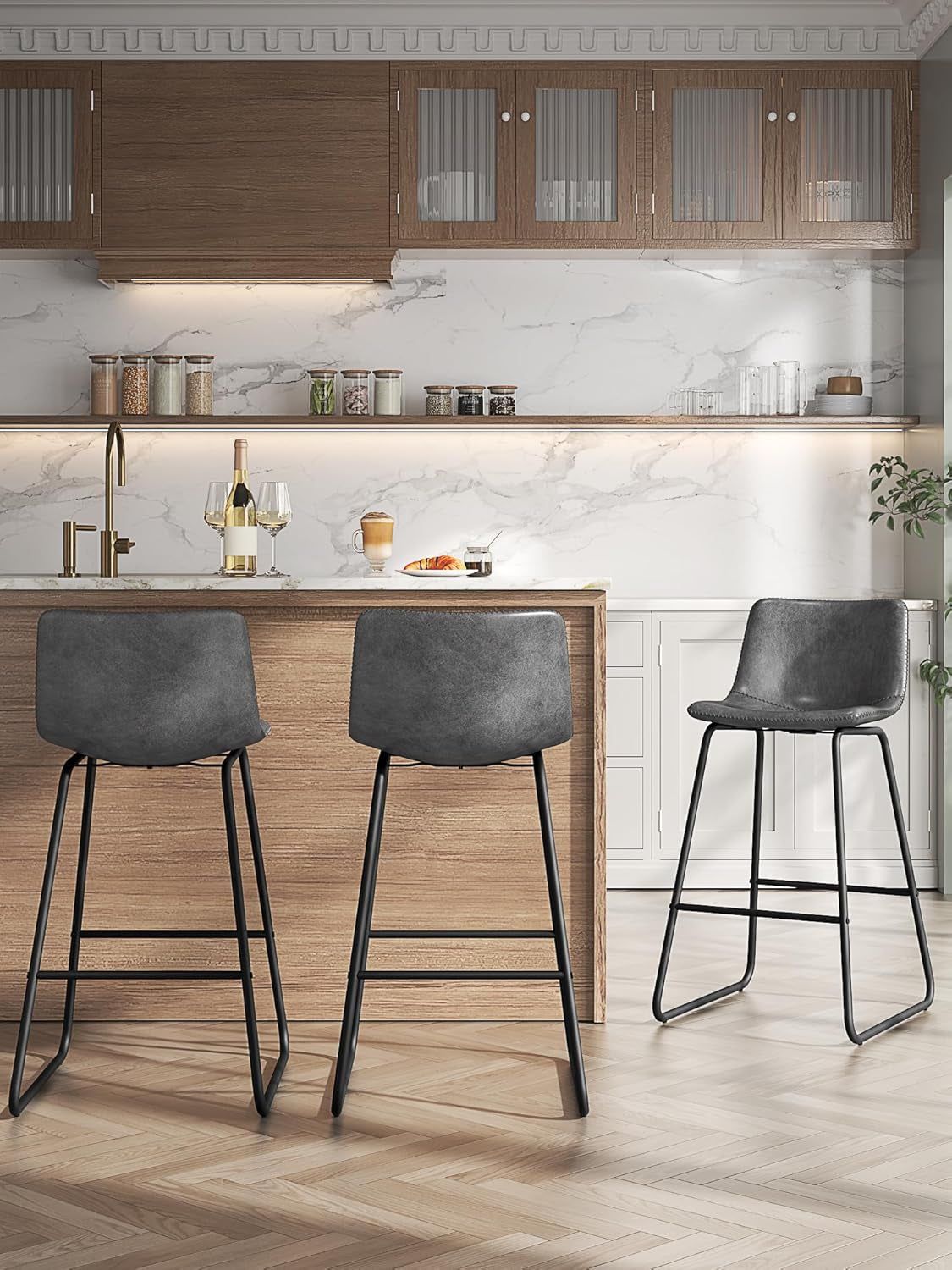 Bar Stools Set of 3, 26 Inches Counter Height Bar Stools with Back, Modern Faux Leather Barstools with Metal Legs and Footrest, Bar Chairs for Kitchens Island (Gray)